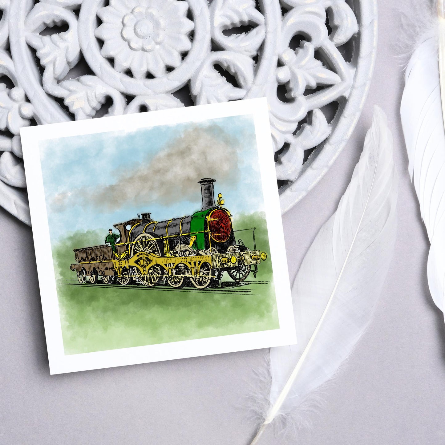 Steam Train Card for Any Occasion, Locomotive Card, Model Train Birthday Card, Congratulations Card, Watercolour Painting, Card for Grandad