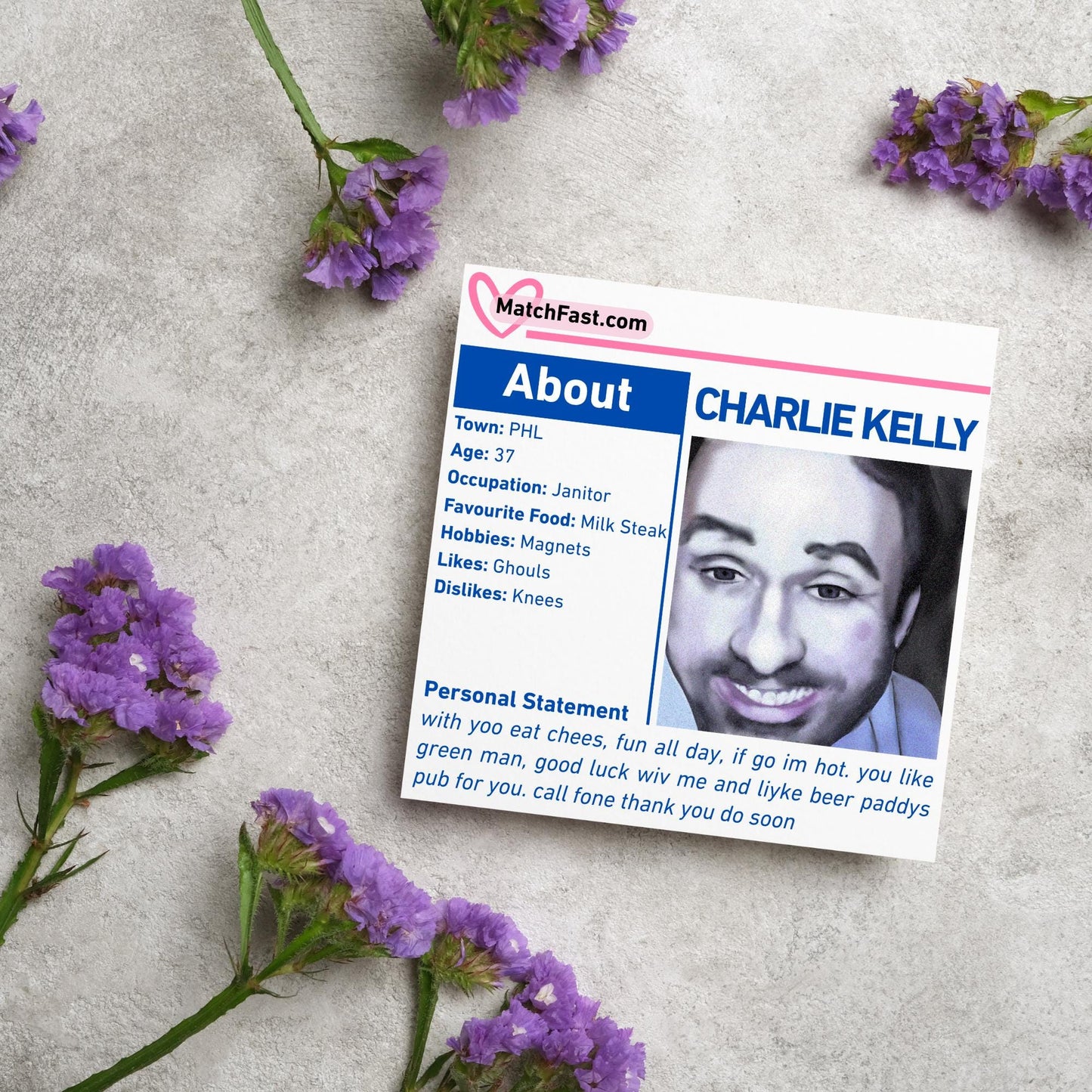 It's Always Sunny in Philadelphia Card, Charlie Kelly Dating Profile, Always Sunny Funny Birthday Card, TV Show Funny Card for Friend