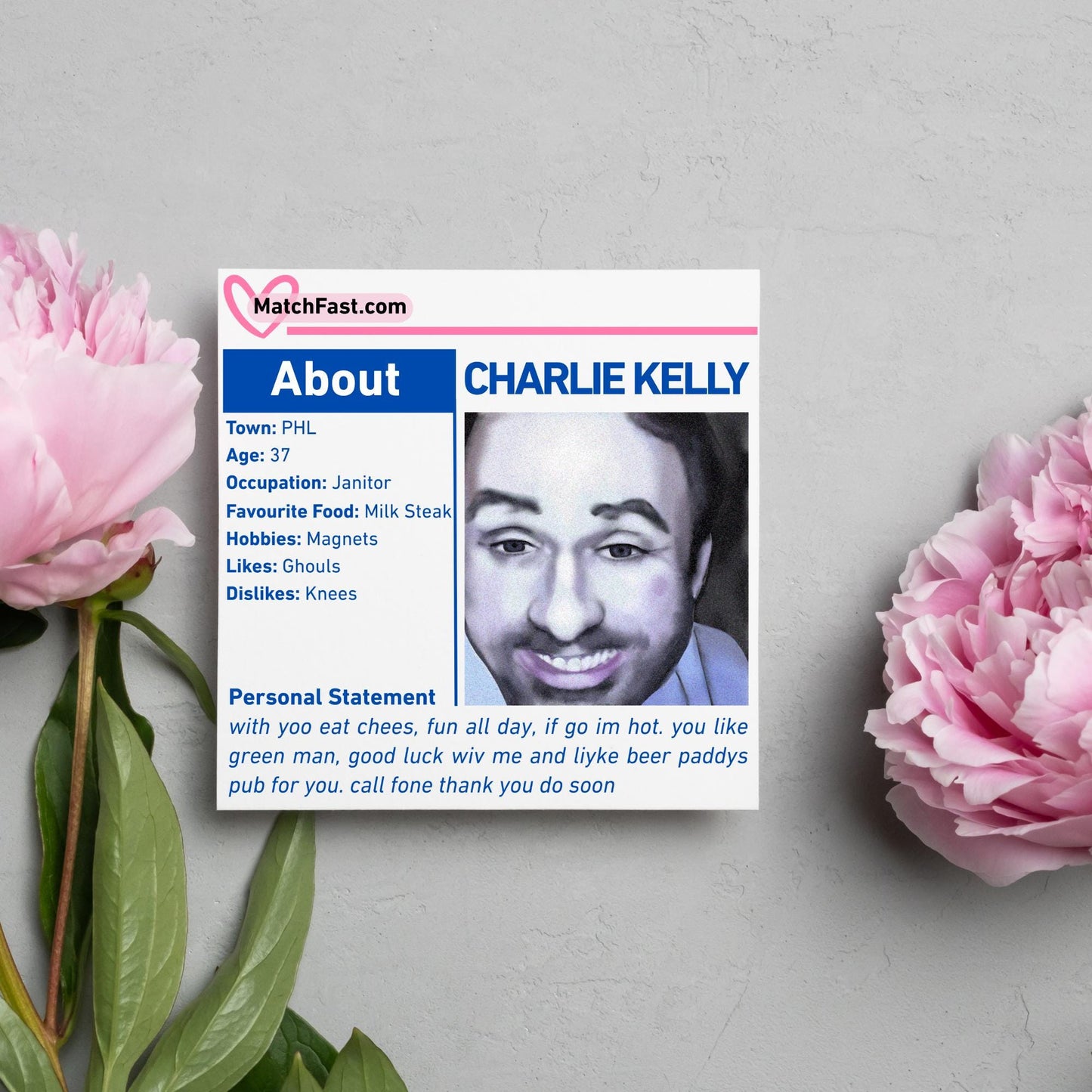 It's Always Sunny in Philadelphia Card, Charlie Kelly Dating Profile, Always Sunny Funny Birthday Card, TV Show Funny Card for Friend