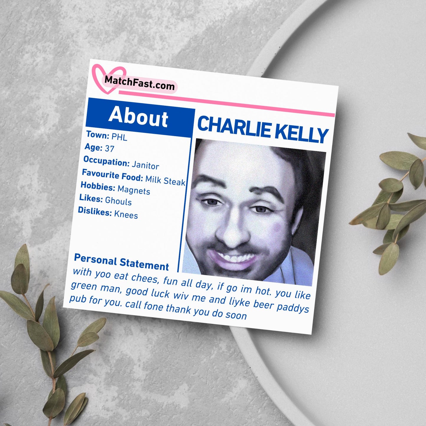It's Always Sunny in Philadelphia Card, Charlie Kelly Dating Profile, Always Sunny Funny Birthday Card, TV Show Funny Card for Friend