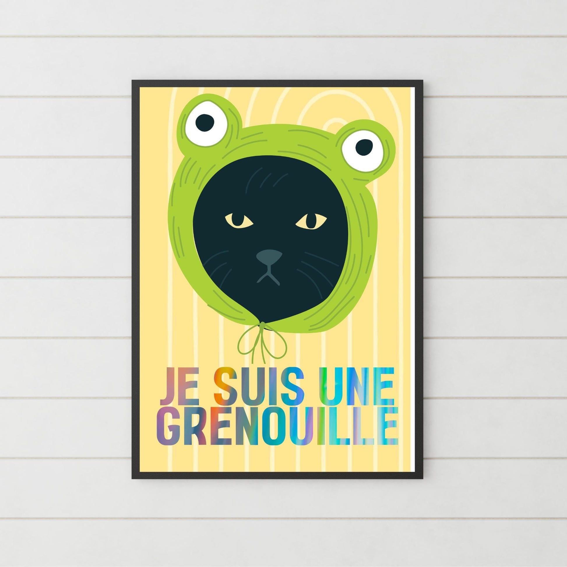 Funny Frog Cat A4 Poster Print, High Quality Cartoon Art, French Cat Art, Wall Decor, Original Artist Print, Vibrant Wall Art, Quirky Decor
