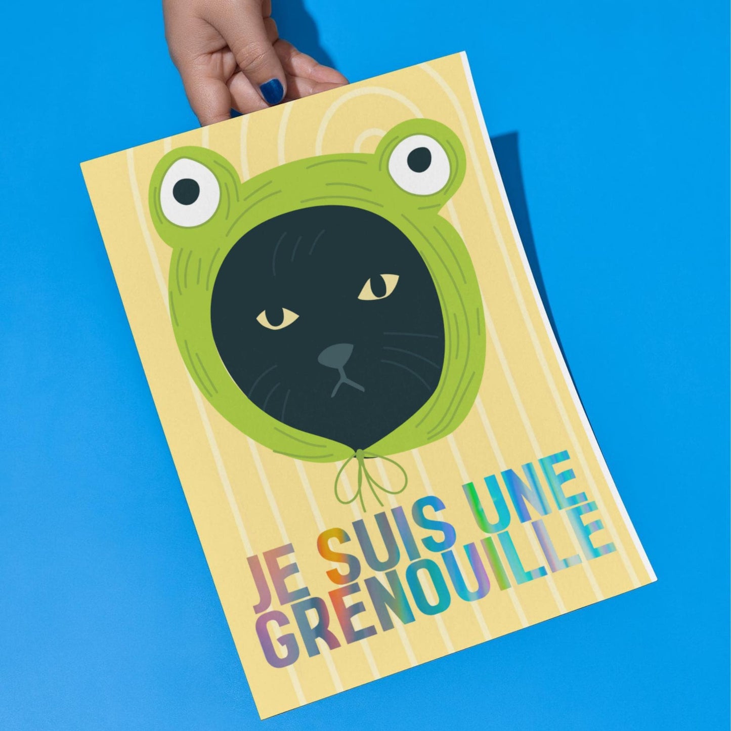 Funny Frog Cat A4 Poster Print, High Quality Cartoon Art, French Cat Art, Wall Decor, Original Artist Print, Vibrant Wall Art, Quirky Decor
