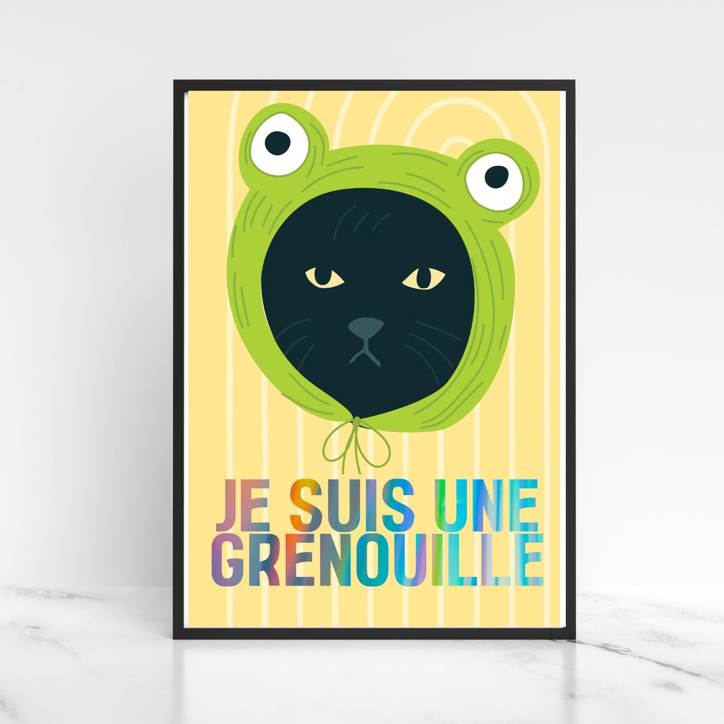 Funny Frog Cat A4 Poster Print, High Quality Cartoon Art, French Cat Art, Wall Decor, Original Artist Print, Vibrant Wall Art, Quirky Decor