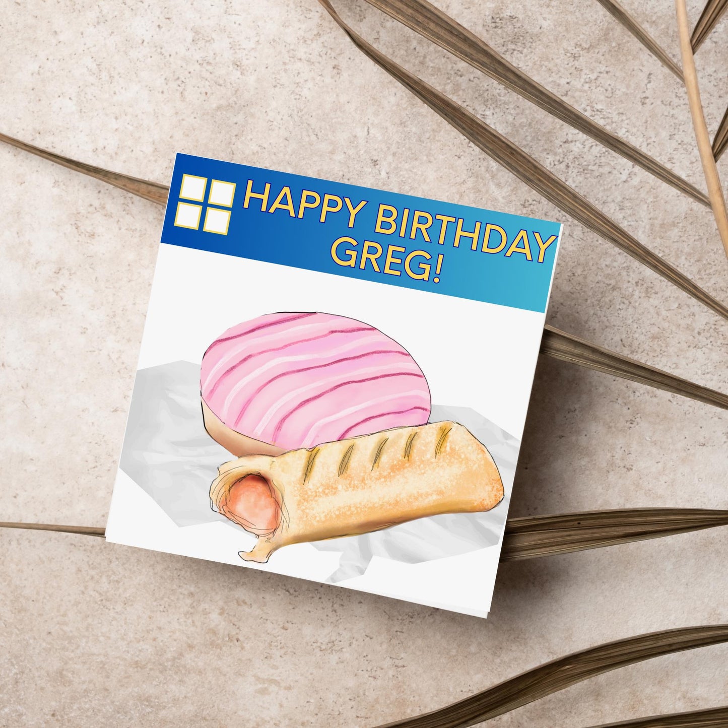 Personalised British Themed Birthday Card, Funny Bakery Birthday Card, Birthday Card for Gregg, Sausage Roll Card, Doughnut Card