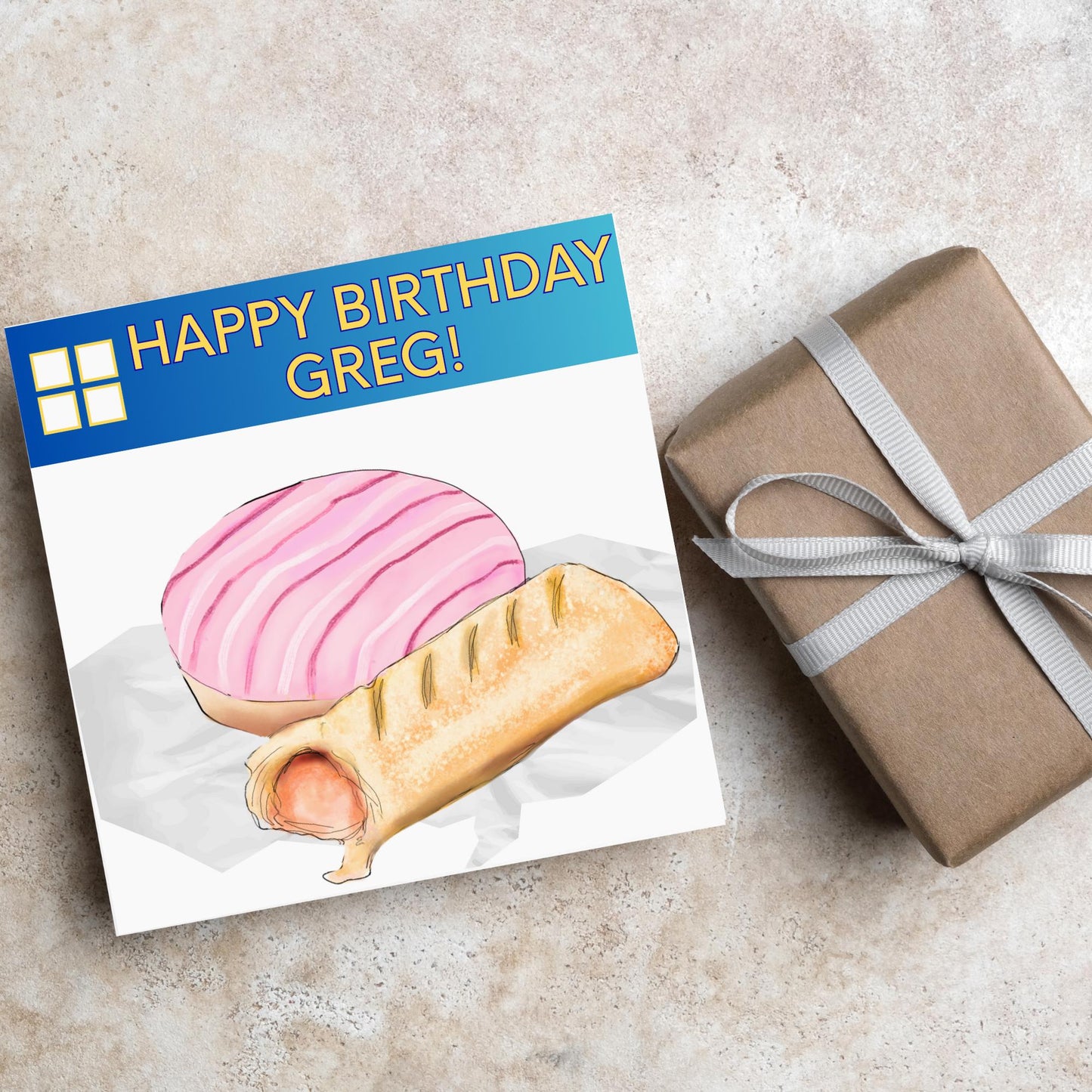 Personalised British Themed Birthday Card, Funny Bakery Birthday Card, Birthday Card for Gregg, Sausage Roll Card, Doughnut Card
