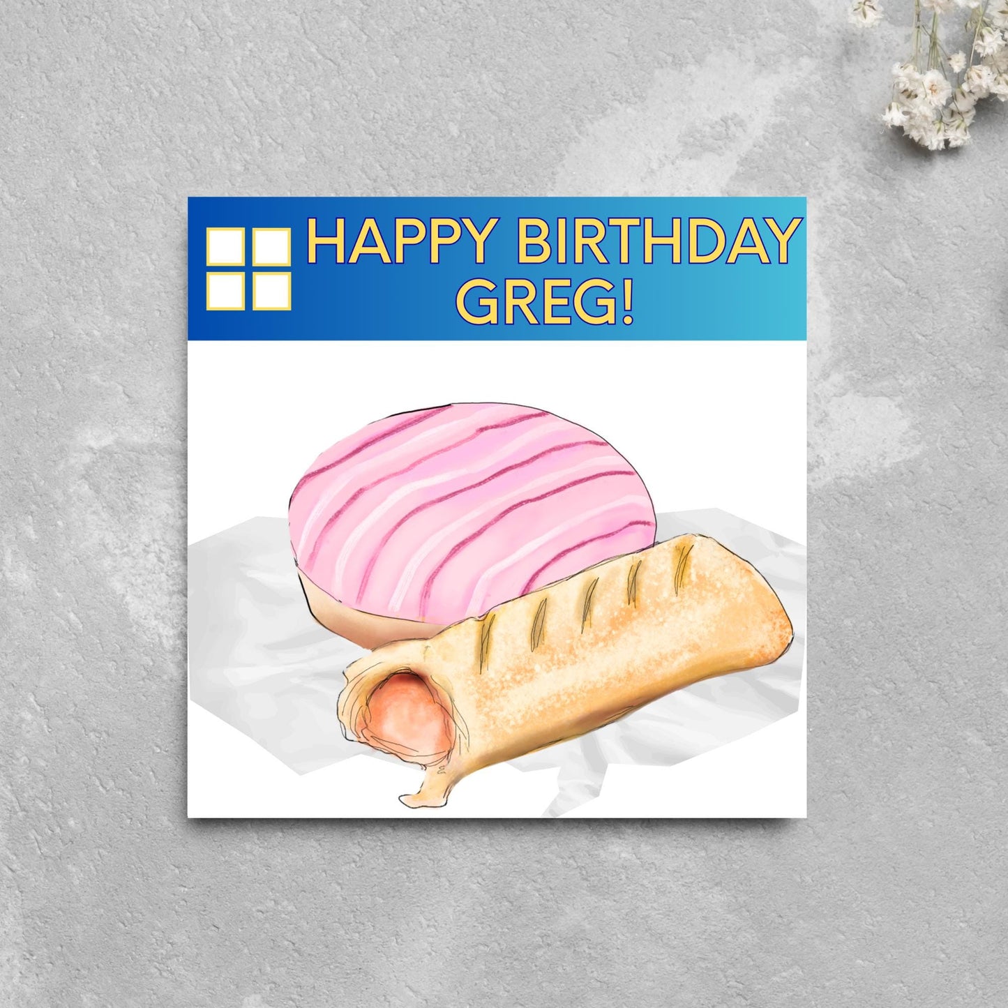 Personalised British Themed Birthday Card, Funny Bakery Birthday Card, Birthday Card for Gregg, Sausage Roll Card, Doughnut Card