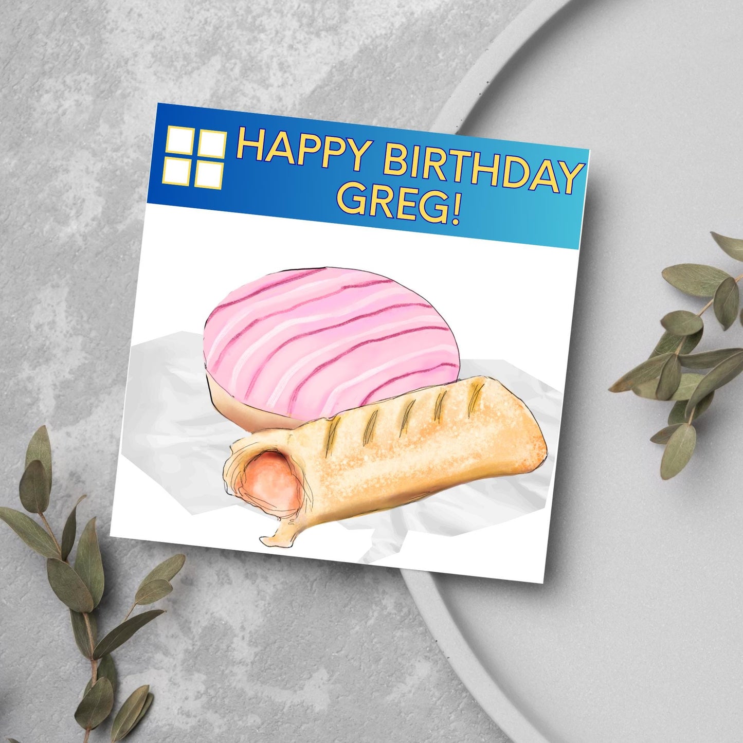 Personalised British Themed Birthday Card, Funny Bakery Birthday Card, Birthday Card for Gregg, Sausage Roll Card, Doughnut Card