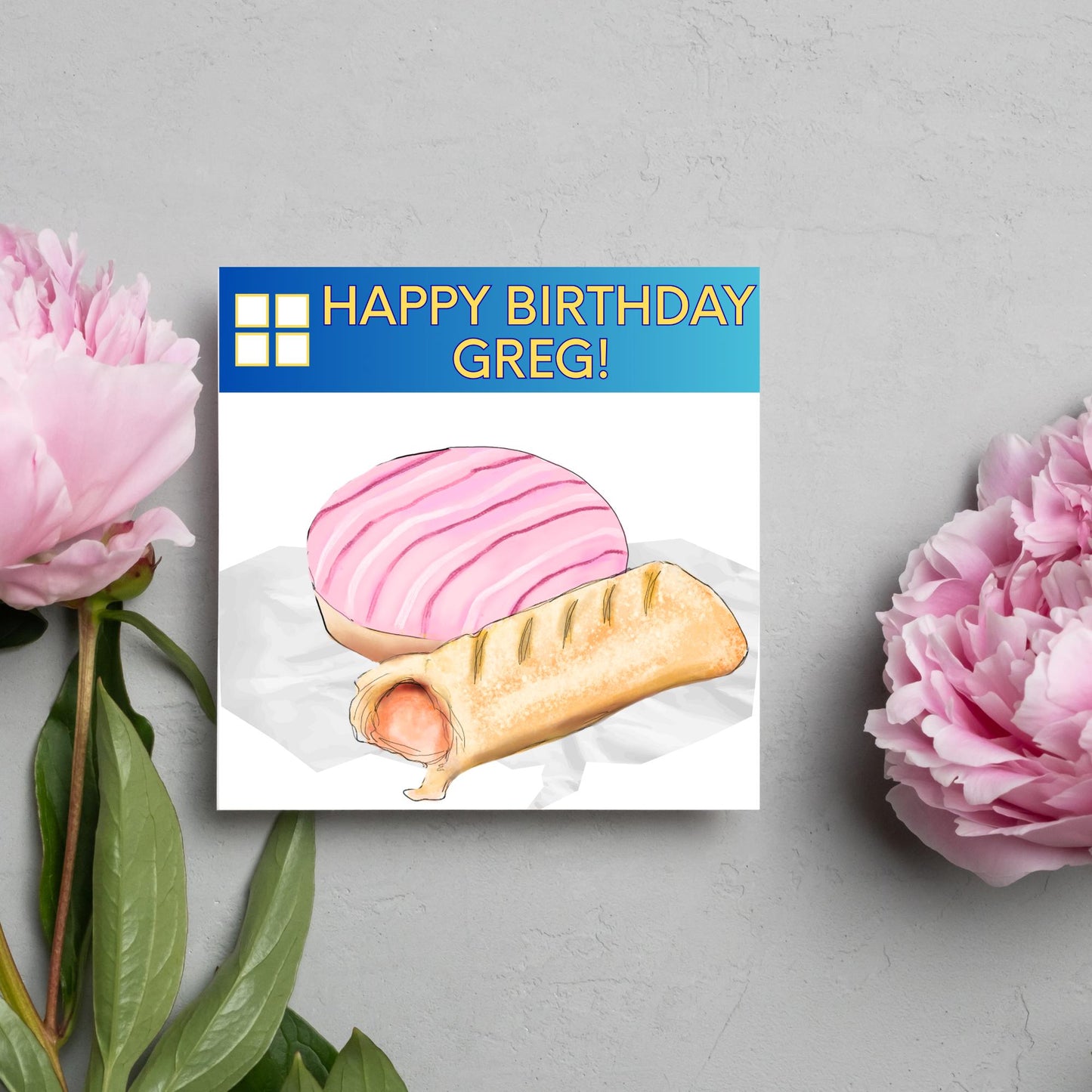 Personalised British Themed Birthday Card, Funny Bakery Birthday Card, Birthday Card for Gregg, Sausage Roll Card, Doughnut Card