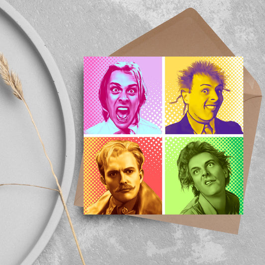 Rik Mayall Card for Any Occasion, Young Ones, Bottom, Funny Pop Art, The Many Faces Of Rik, Birthday Card, Card For Friend, Snotface, Woof!