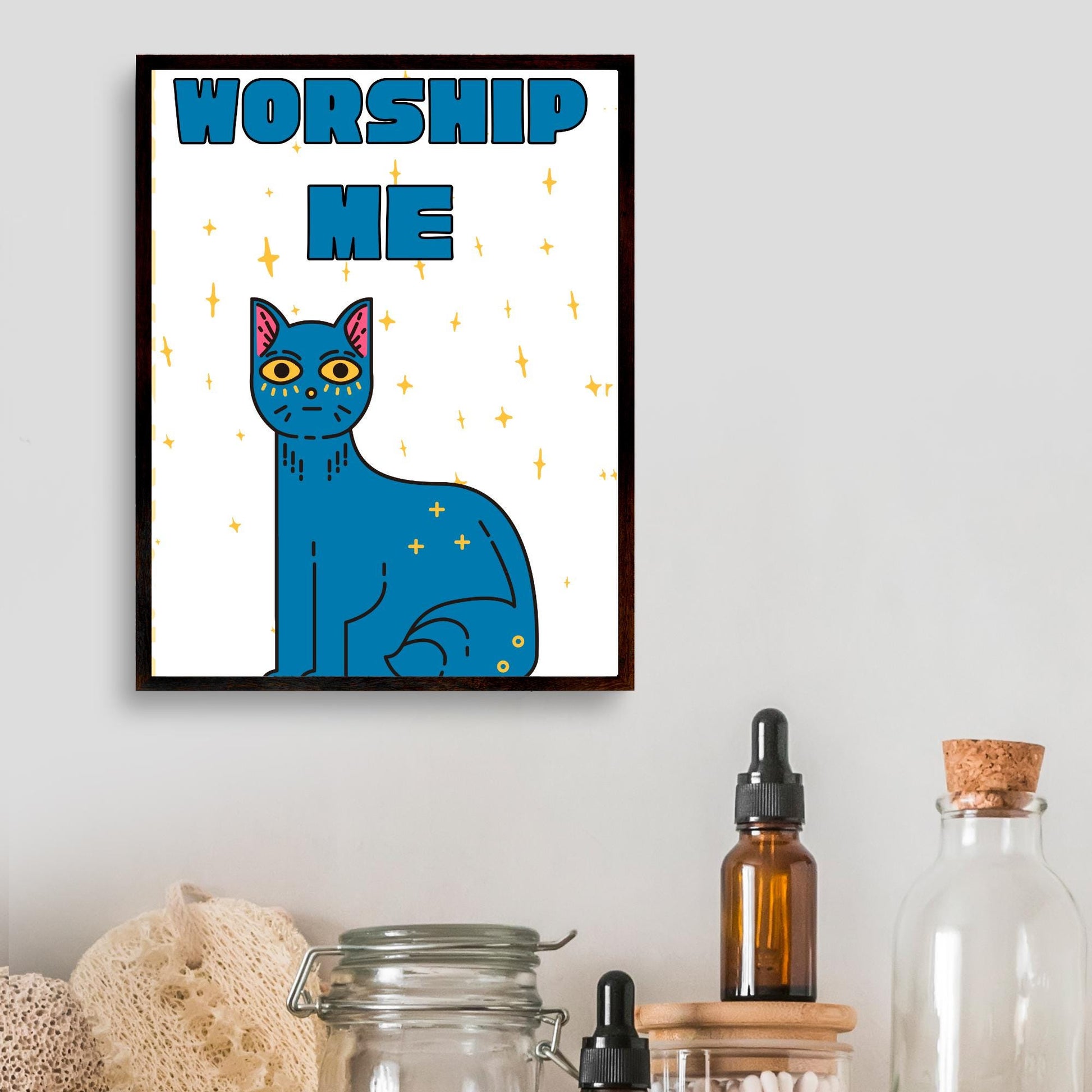 Funny Cat A4 Poster Print, High Quality Cartoon Art, Celestial Cat Art, Wall Decor, Original Artist Print, Vibrant Wall Art, Quirky Decor