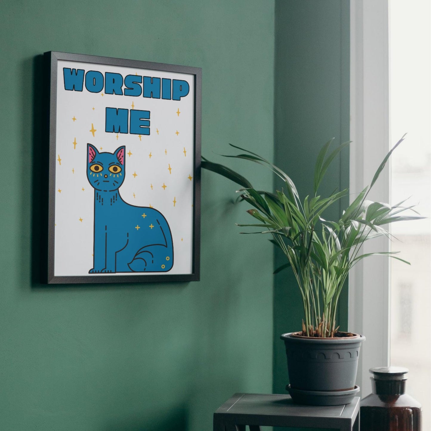 Funny Cat A4 Poster Print, High Quality Cartoon Art, Celestial Cat Art, Wall Decor, Original Artist Print, Vibrant Wall Art, Quirky Decor