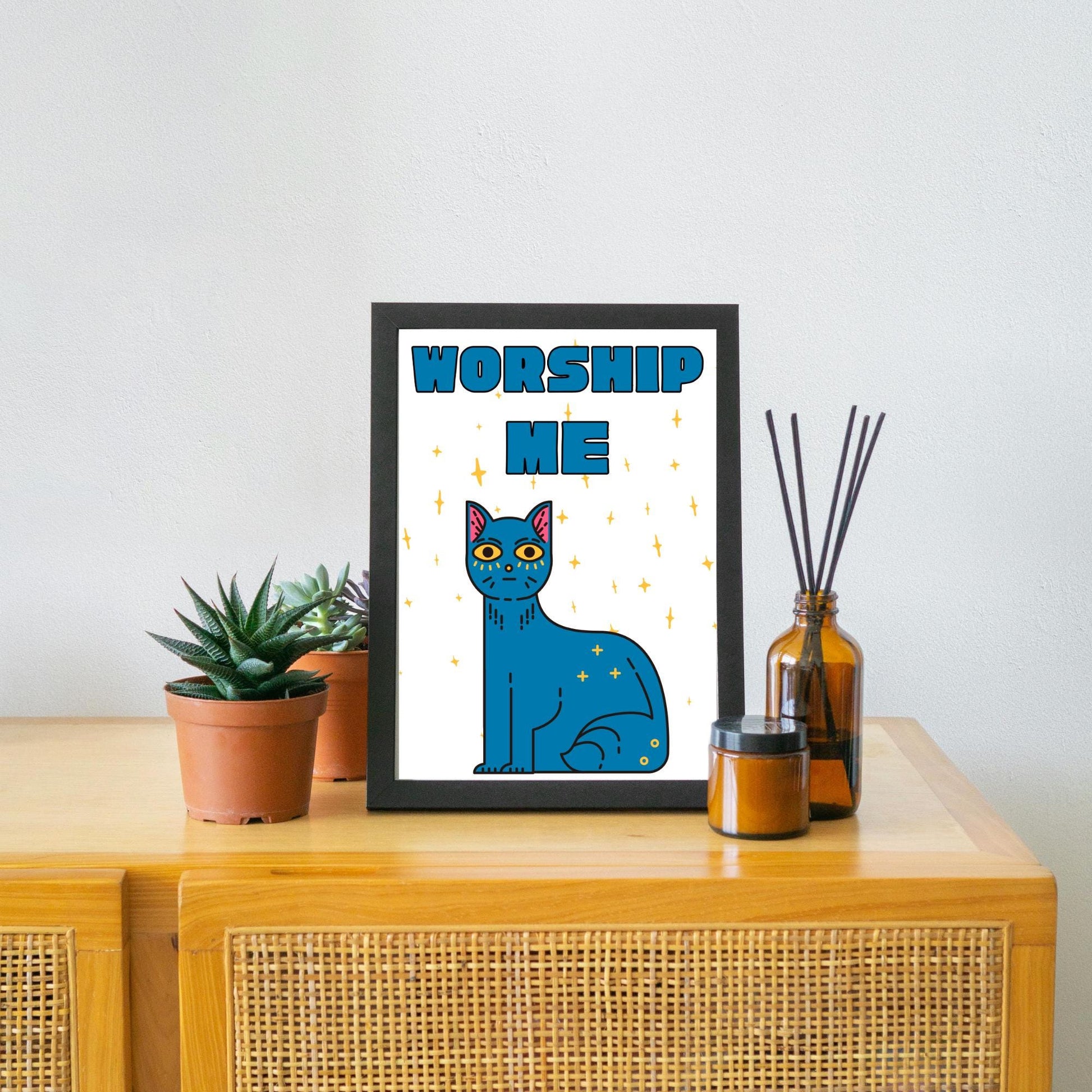 Funny Cat A4 Poster Print, High Quality Cartoon Art, Celestial Cat Art, Wall Decor, Original Artist Print, Vibrant Wall Art, Quirky Decor