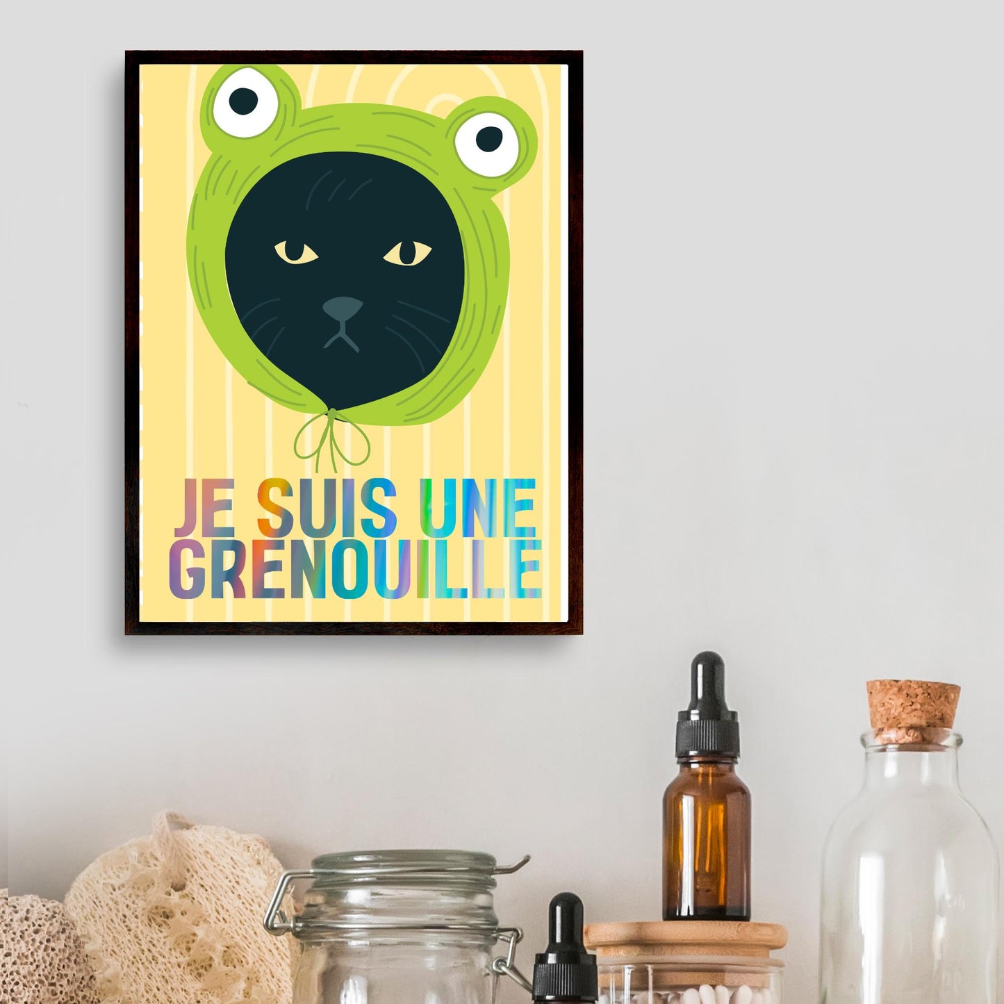 Funny Frog Cat A4 Poster Print, High Quality Cartoon Art, French Cat Art, Wall Decor, Original Artist Print, Vibrant Wall Art, Quirky Decor