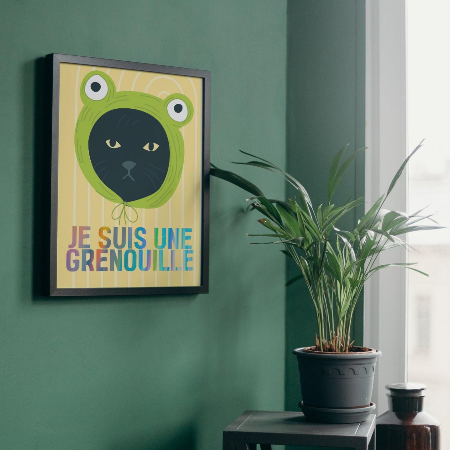 Funny Frog Cat A4 Poster Print, High Quality Cartoon Art, French Cat Art, Wall Decor, Original Artist Print, Vibrant Wall Art, Quirky Decor