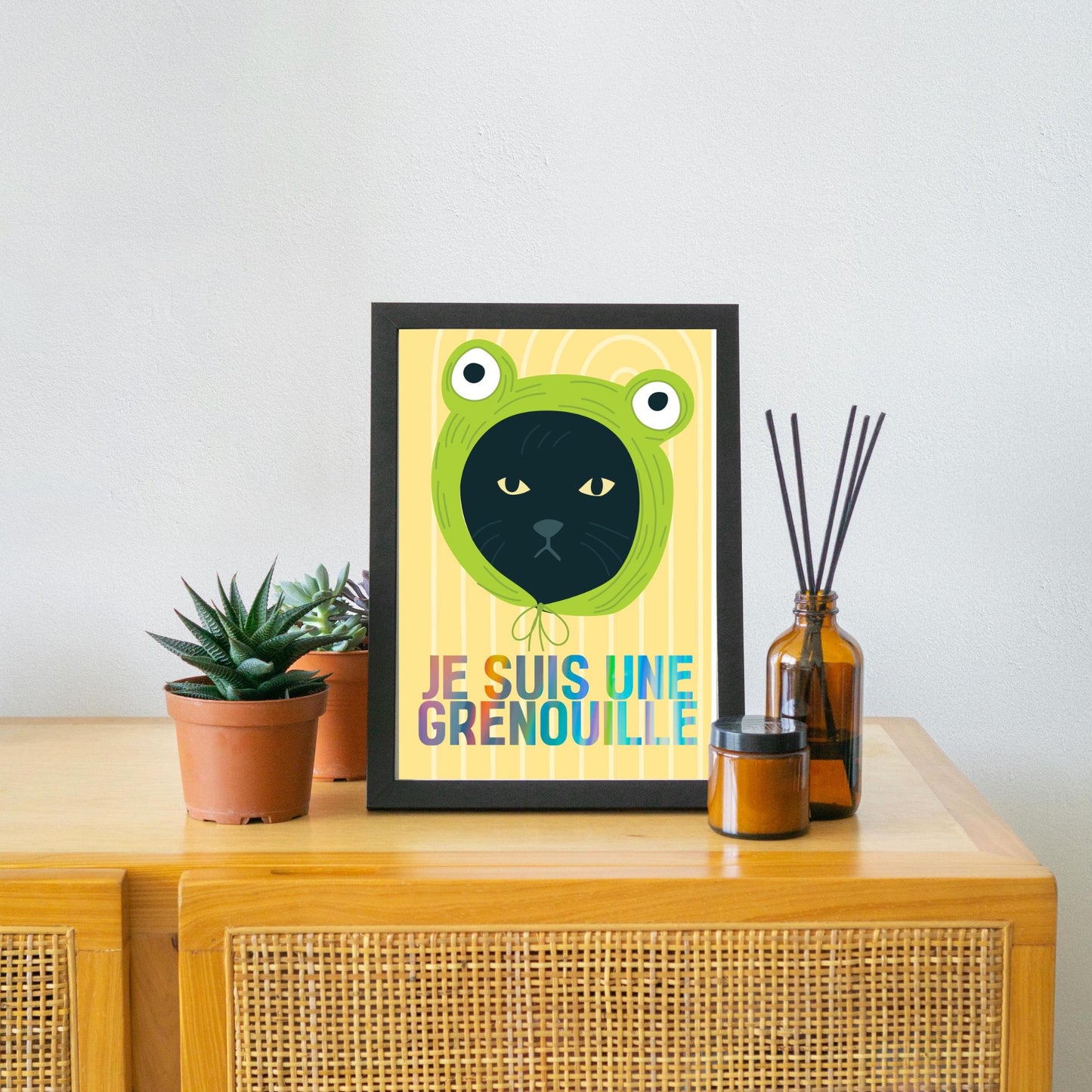 Funny Frog Cat A4 Poster Print, High Quality Cartoon Art, French Cat Art, Wall Decor, Original Artist Print, Vibrant Wall Art, Quirky Decor