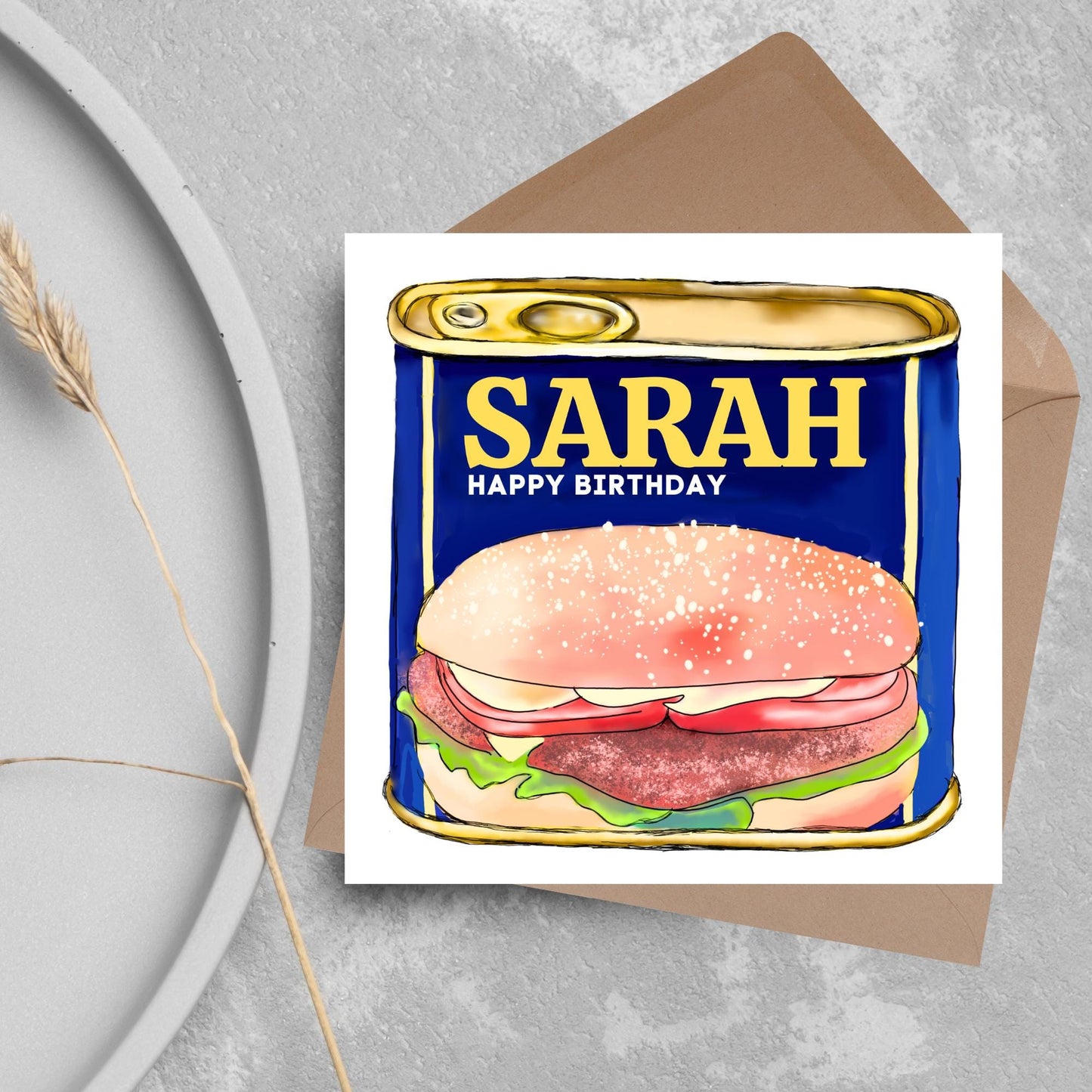 Personalised British Themed Birthday Card, Funny Birthday Card, Spam Birthday, Name Birthday Card, Foodie Card, Custom Birthday Card