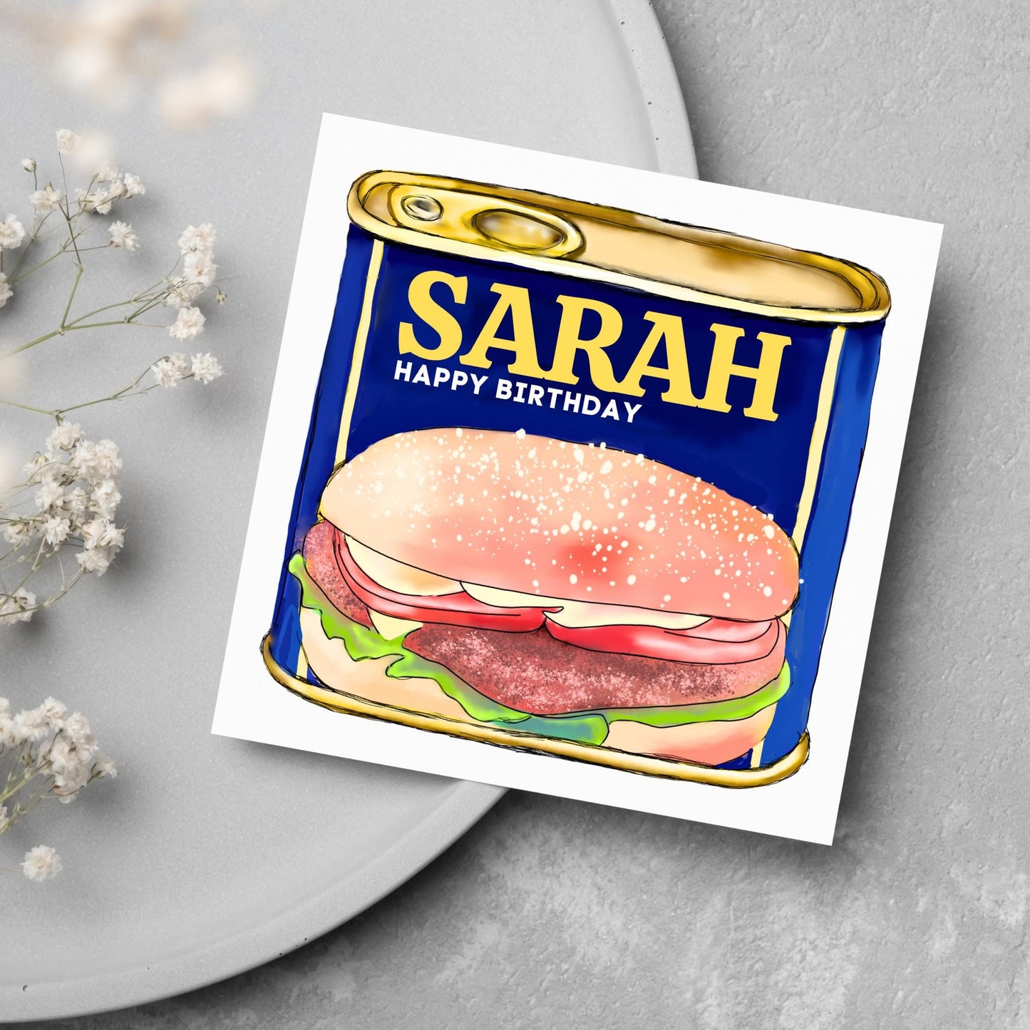 Personalised British Themed Birthday Card, Funny Birthday Card, Spam Birthday, Name Birthday Card, Foodie Card, Custom Birthday Card