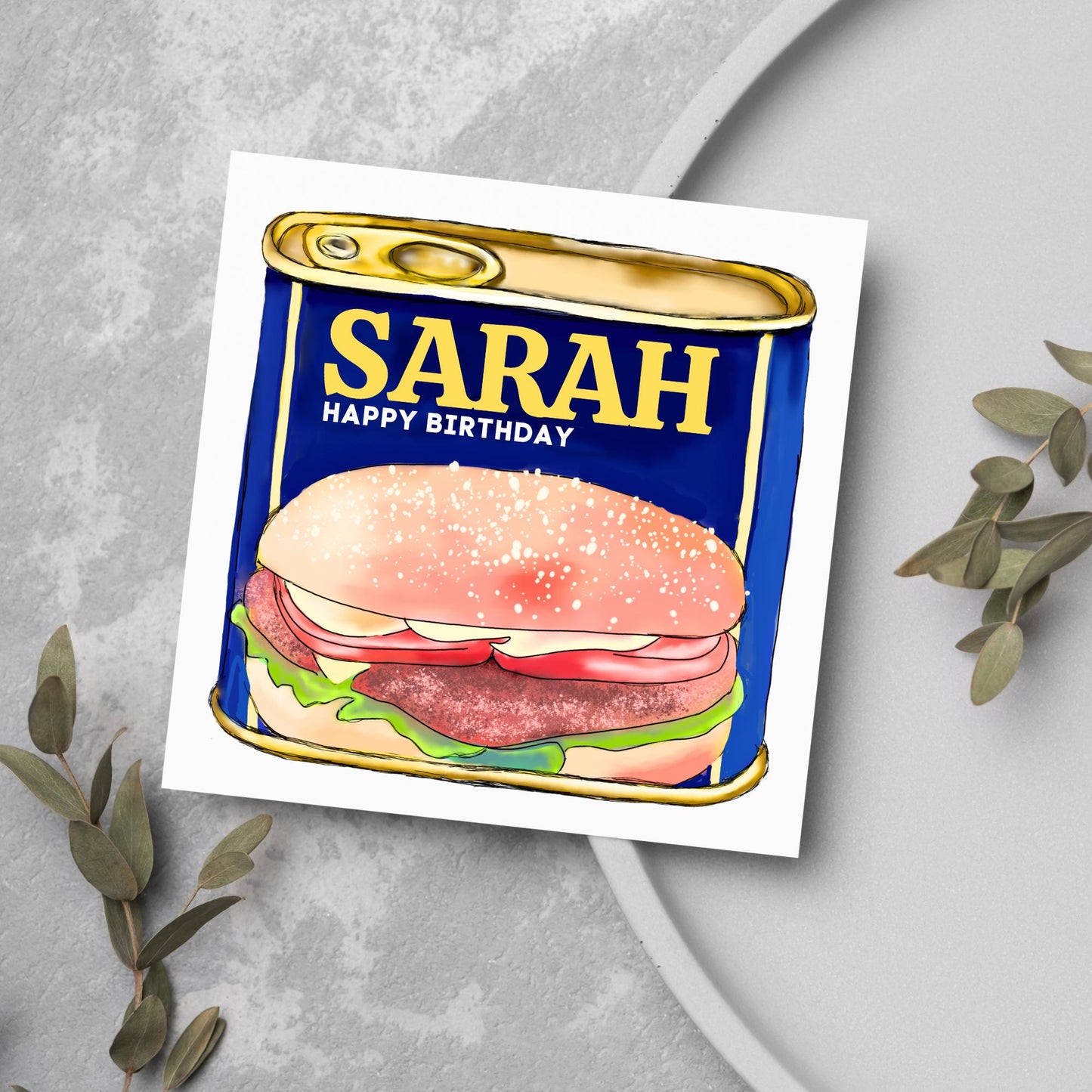 Personalised British Themed Birthday Card, Funny Birthday Card, Spam Birthday, Name Birthday Card, Foodie Card, Custom Birthday Card