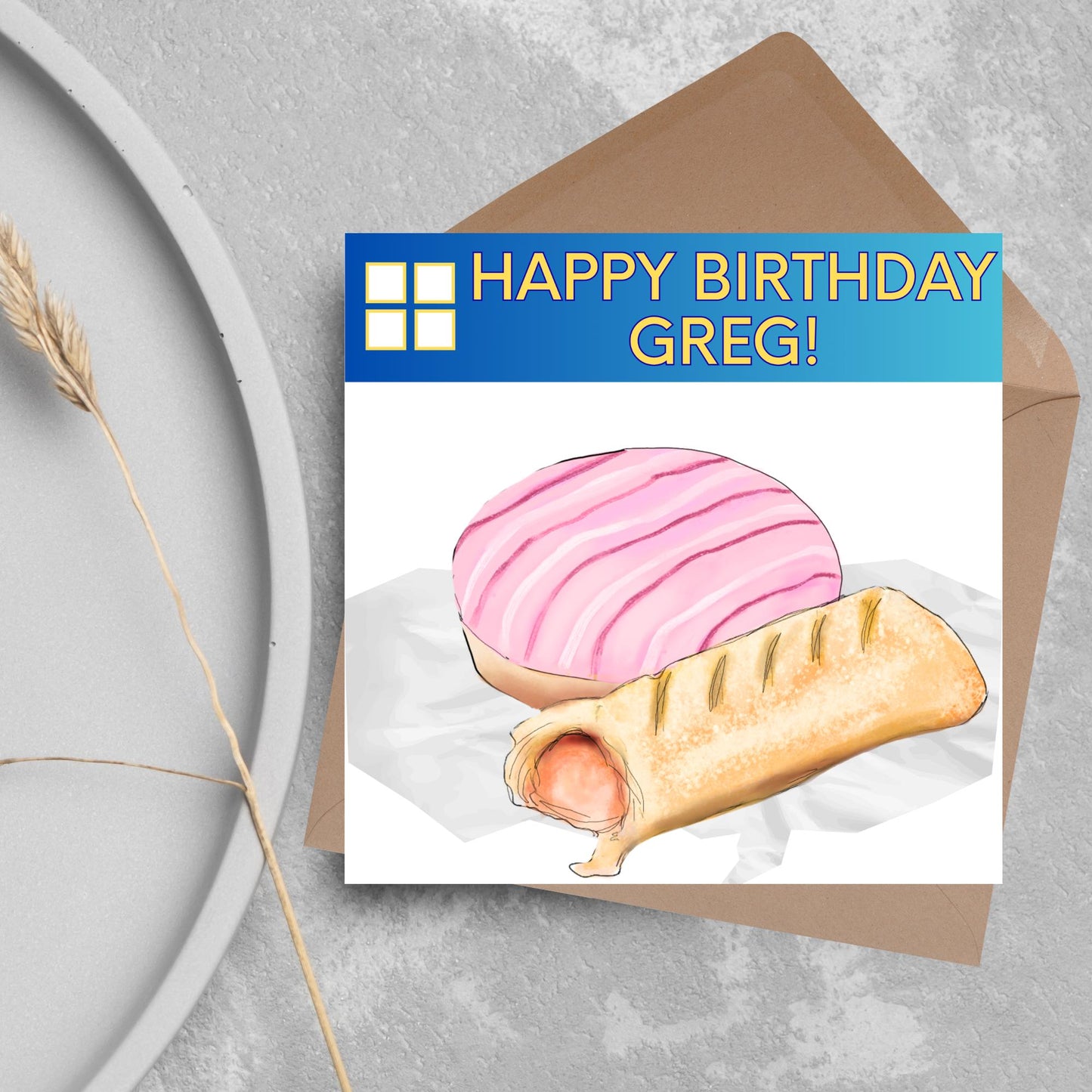 Personalised British Themed Birthday Card, Funny Bakery Birthday Card, Birthday Card for Gregg, Sausage Roll Card, Doughnut Card