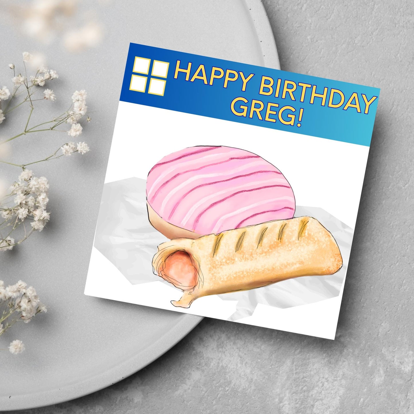 Personalised British Themed Birthday Card, Funny Bakery Birthday Card, Birthday Card for Gregg, Sausage Roll Card, Doughnut Card