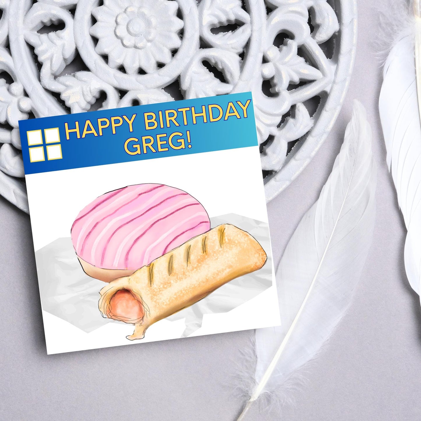 Personalised British Themed Birthday Card, Funny Bakery Birthday Card, Birthday Card for Gregg, Sausage Roll Card, Doughnut Card