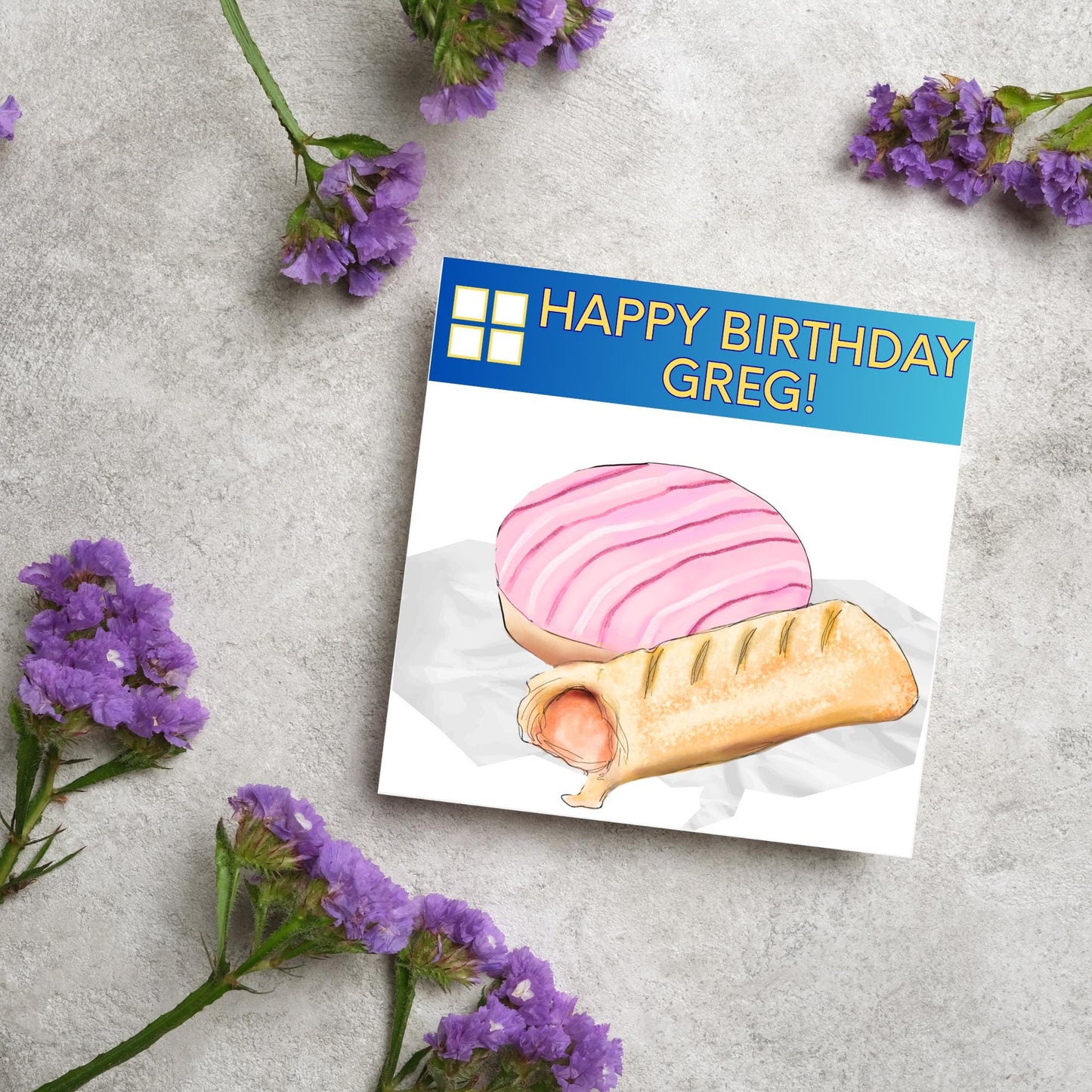 Personalised British Themed Birthday Card, Funny Bakery Birthday Card, Birthday Card for Gregg, Sausage Roll Card, Doughnut Card