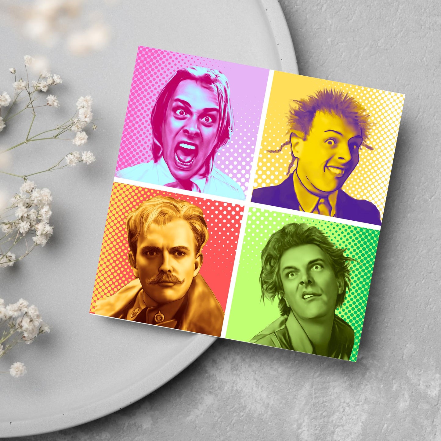 Rik Mayall Card for Any Occasion, Young Ones, Bottom, Funny Pop Art, The Many Faces Of Rik, Birthday Card, Card For Friend, Snotface, Woof!