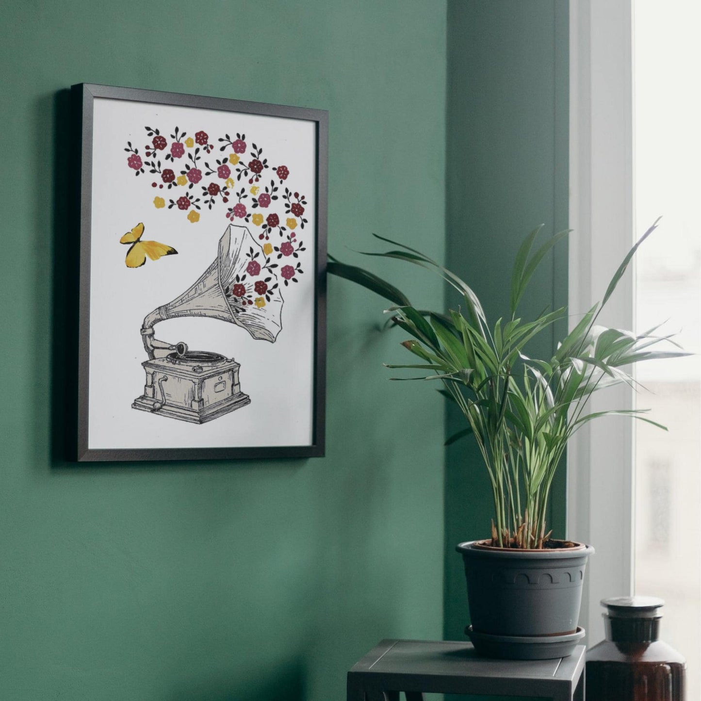 Gramophone Art Print: Vintage Music Notes & Flowers