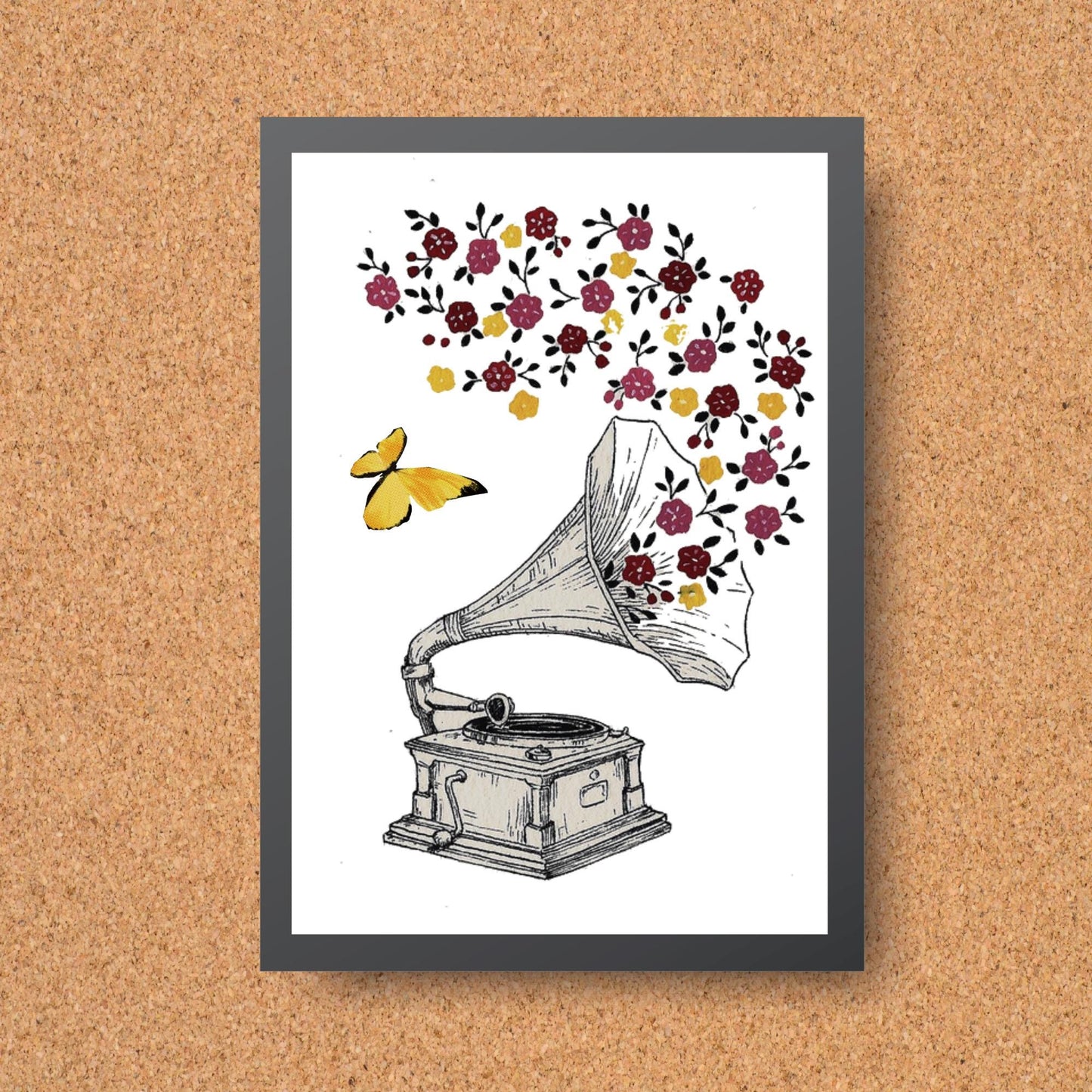 Gramophone Art Print: Vintage Music Notes & Flowers
