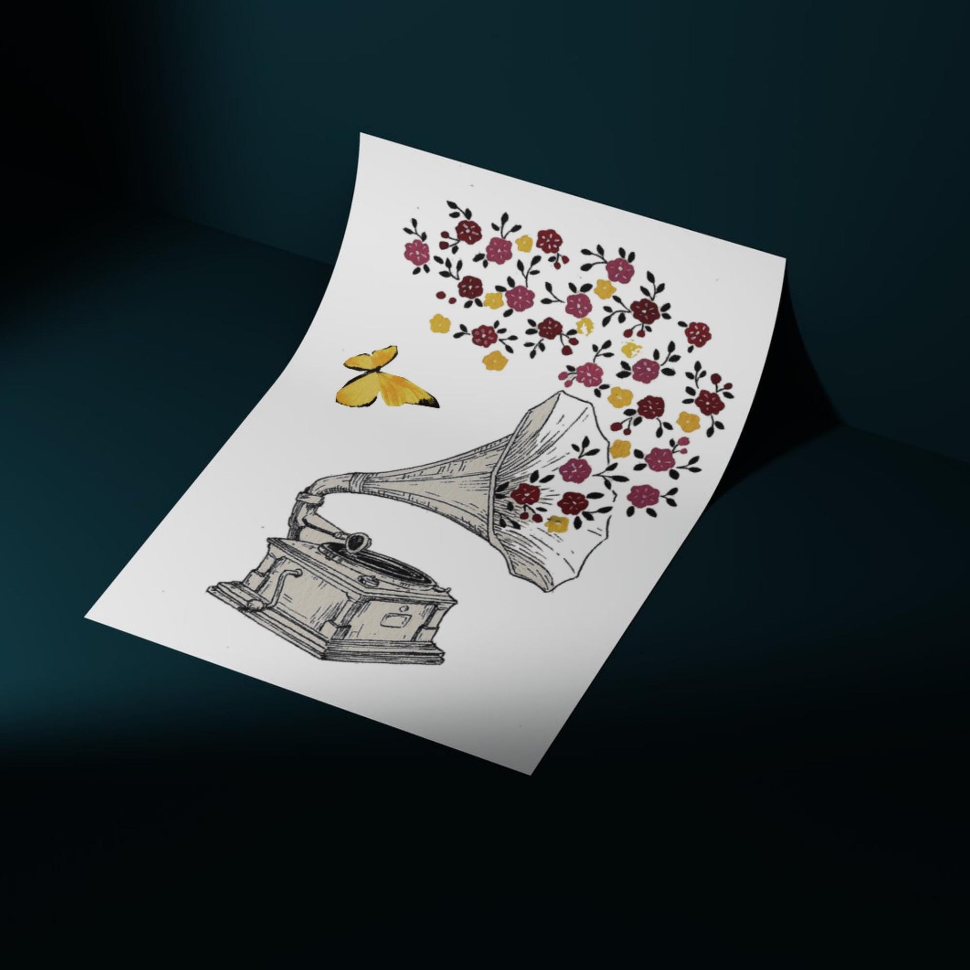 Gramophone Art Print: Vintage Music Notes & Flowers