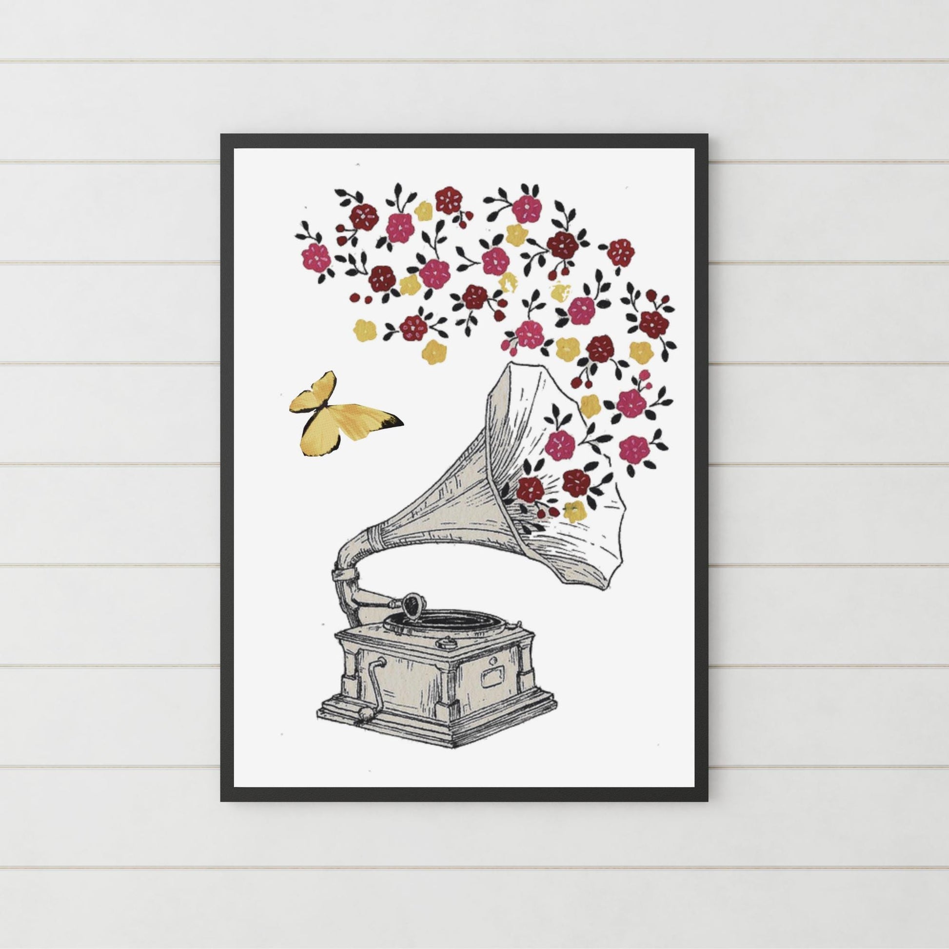 Gramophone Art Print: Vintage Music Notes & Flowers