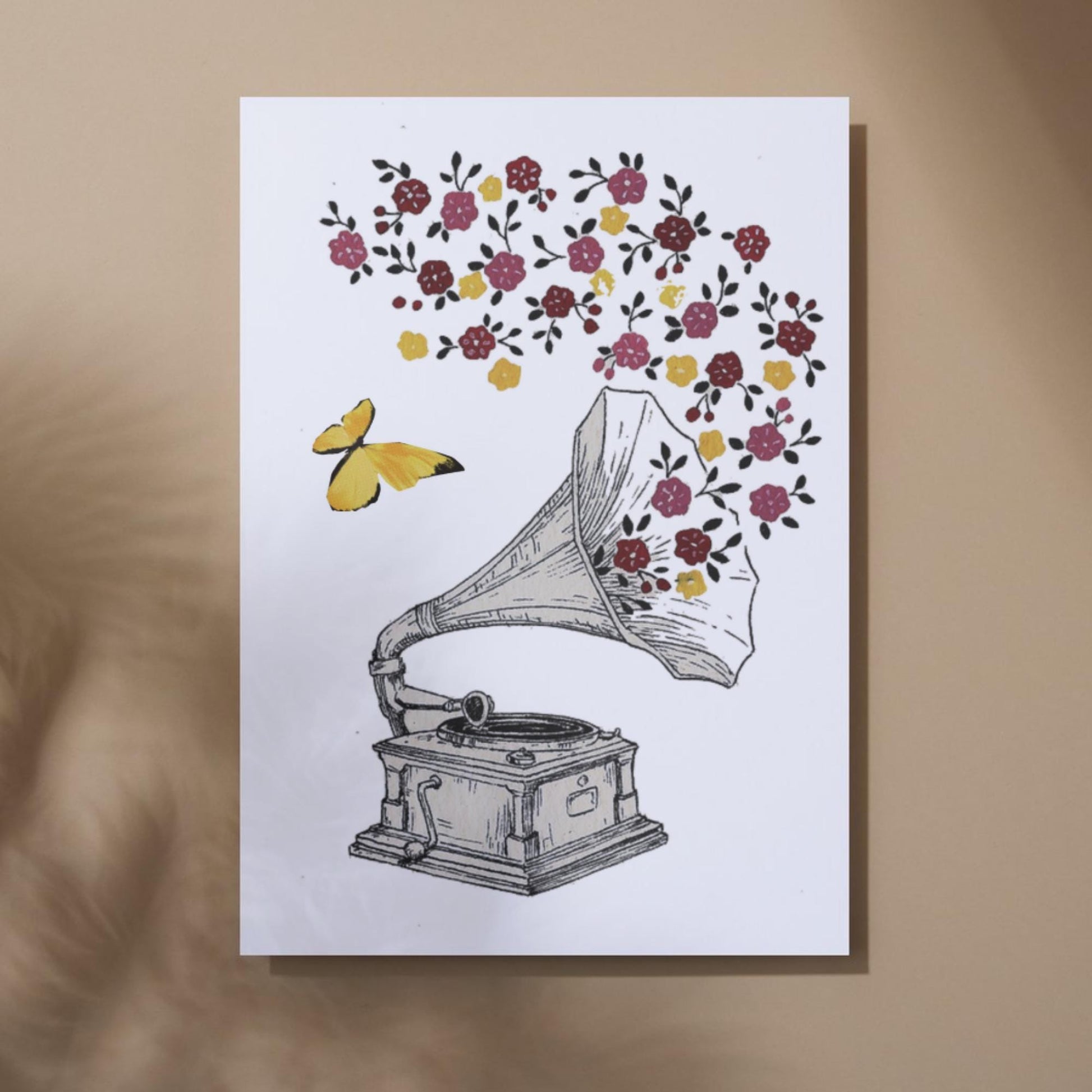 Gramophone Art Print: Vintage Music Notes & Flowers