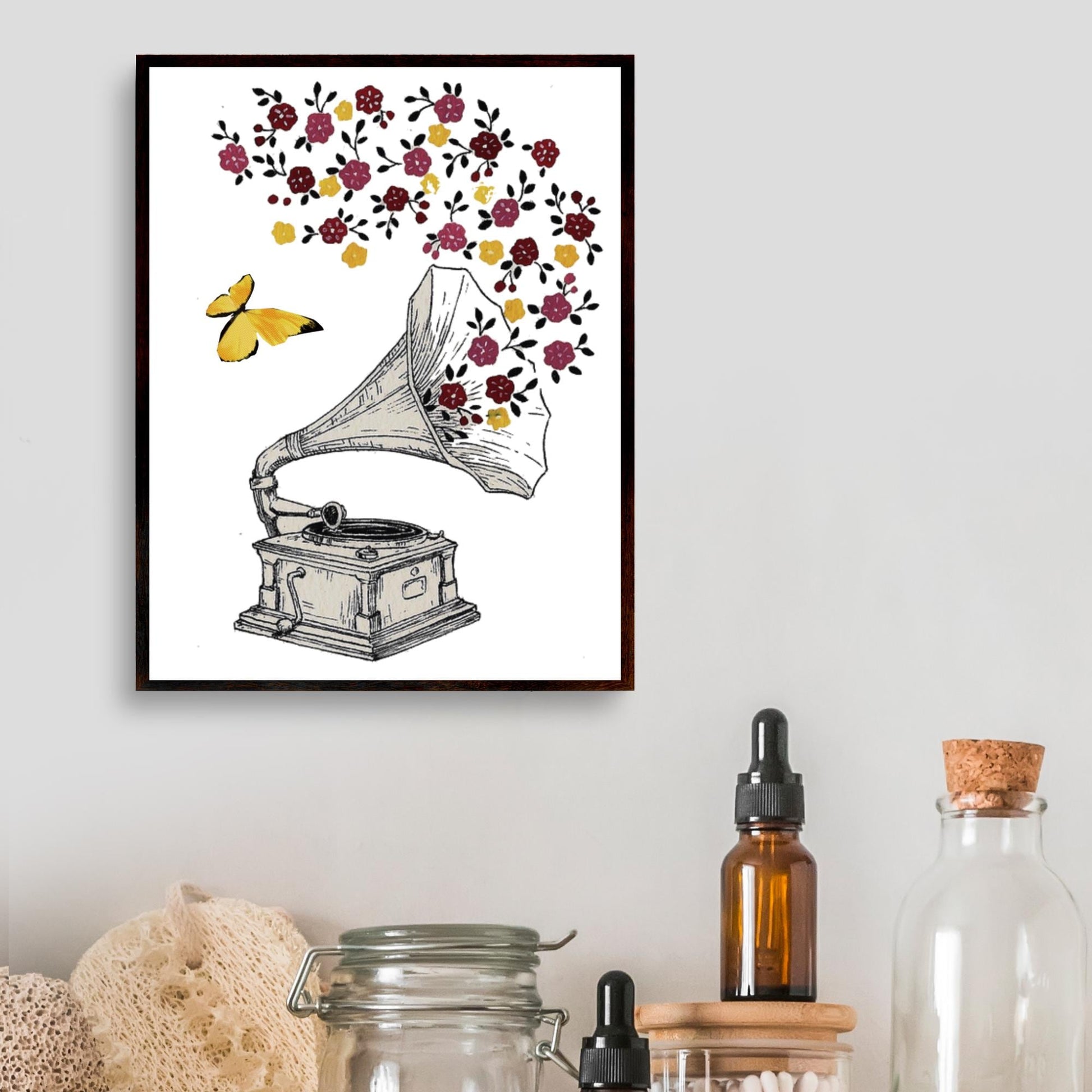 Gramophone Art Print: Vintage Music Notes & Flowers