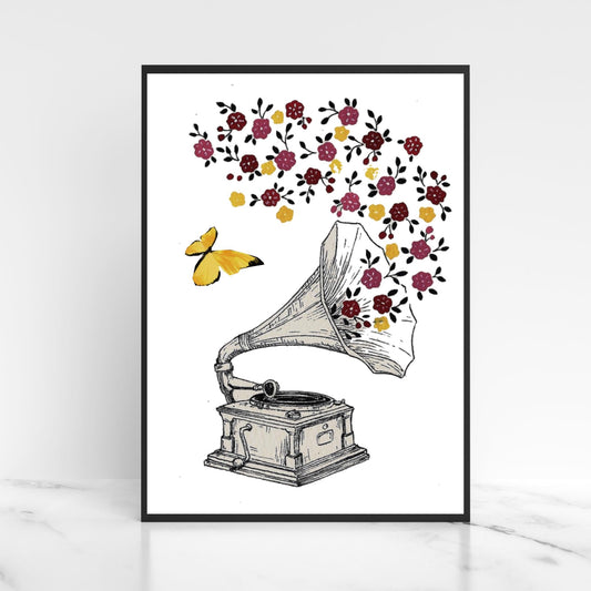 Gramophone Art Print: Vintage Music Notes & Flowers