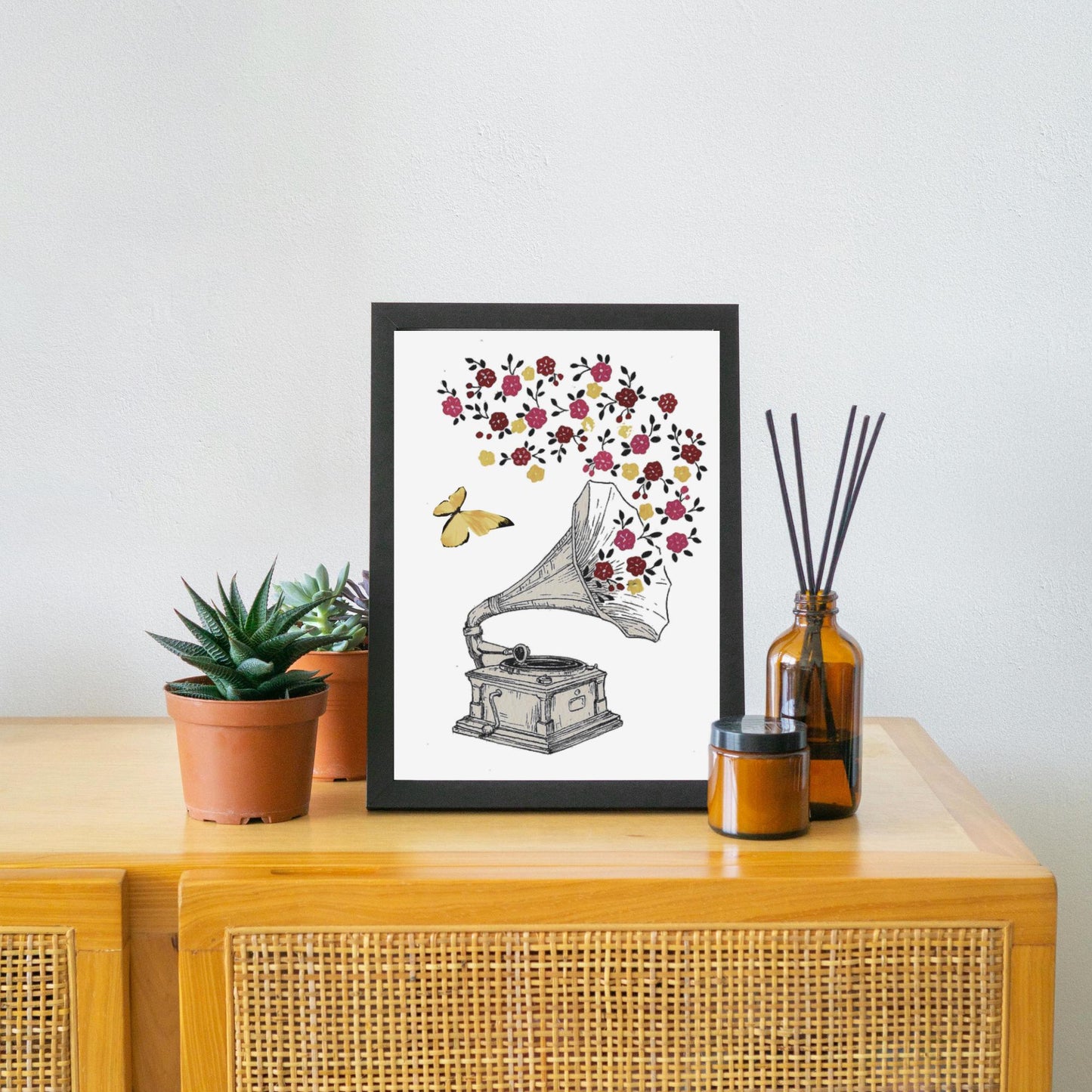 Gramophone Art Print: Vintage Music Notes & Flowers