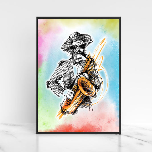 Musical Print, High Quality A4 Wall Art, Colourful Decor, Musician Decor, Poster Print, Music Art, Saxophone Art, Retro Wall Art Poster