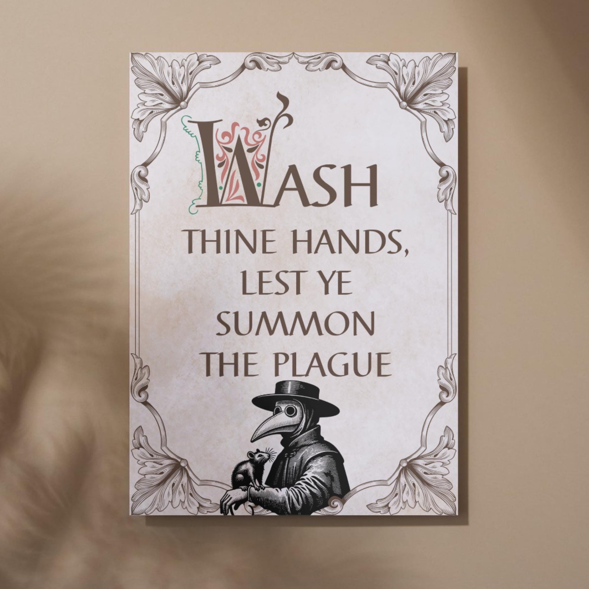 Wash Your Hands Sign, A4 Print, High Quality Poster, Medieval Poster, Plague Mask Art, Funny Print for Bathroom, Gothic Decor, Toilet Print