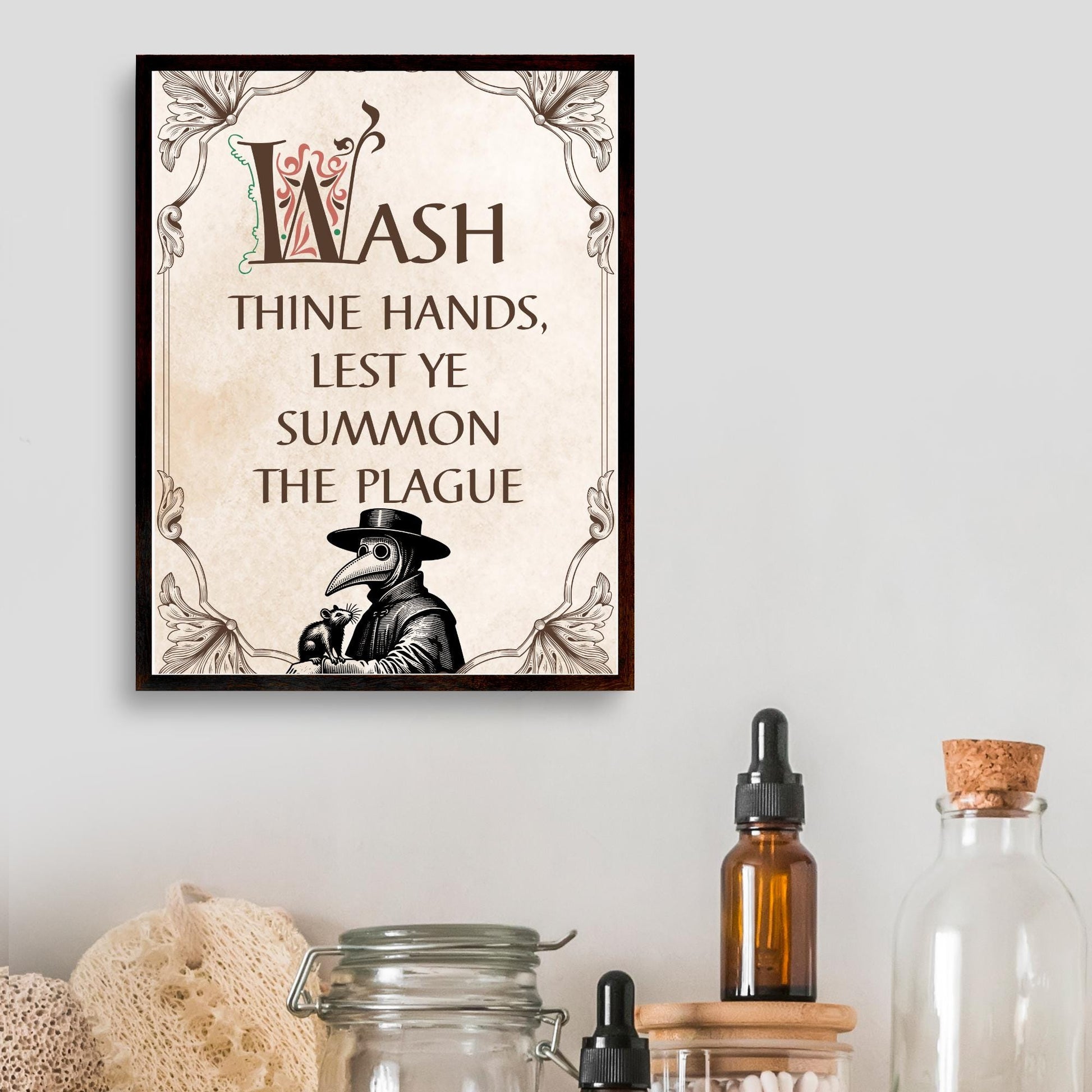 Wash Your Hands Sign, A4 Print, High Quality Poster, Medieval Poster, Plague Mask Art, Funny Print for Bathroom, Gothic Decor, Toilet Print