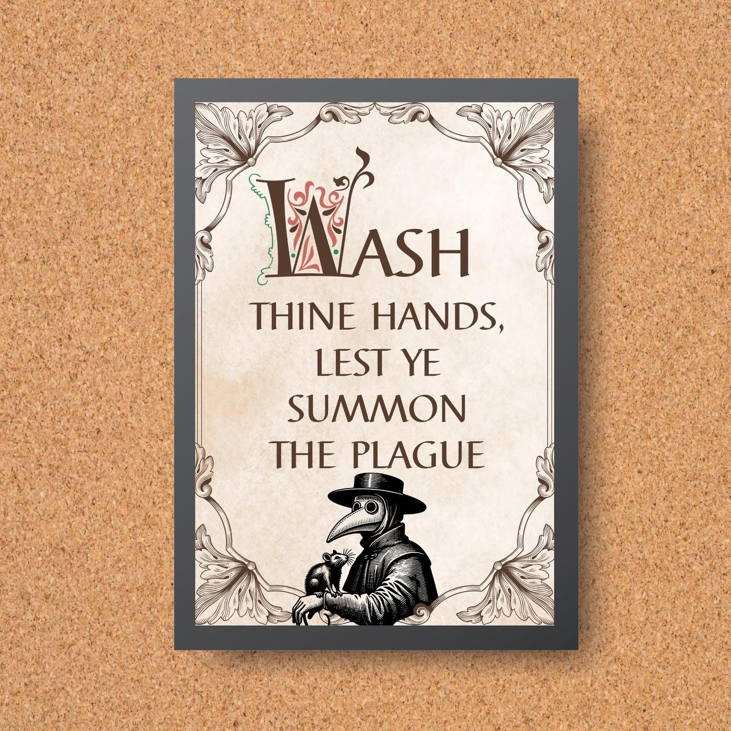 Wash Your Hands Sign, A4 Print, High Quality Poster, Medieval Poster, Plague Mask Art, Funny Print for Bathroom, Gothic Decor, Toilet Print