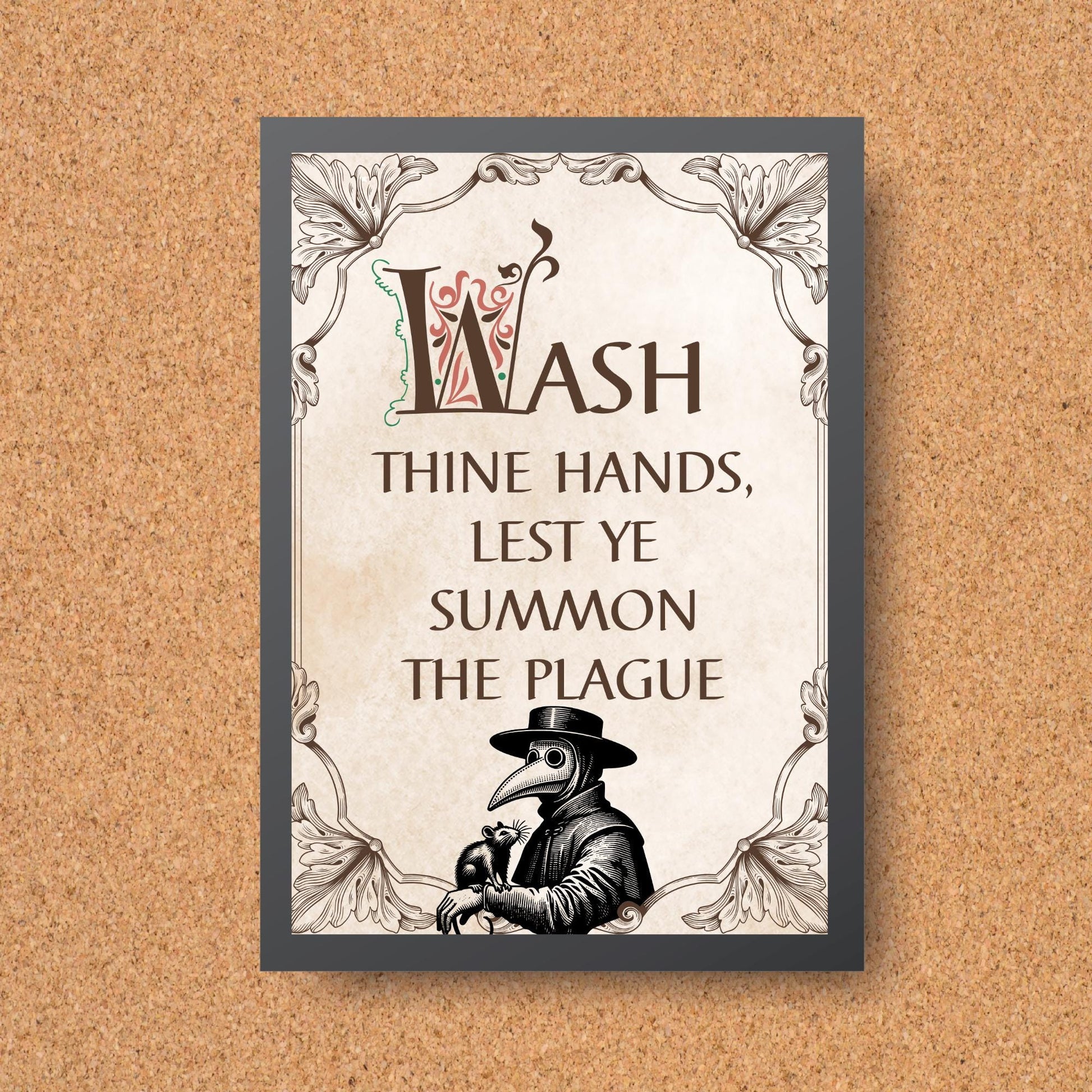 Wash Your Hands Sign, A4 Print, High Quality Poster, Medieval Poster, Plague Mask Art, Funny Print for Bathroom, Gothic Decor, Toilet Print