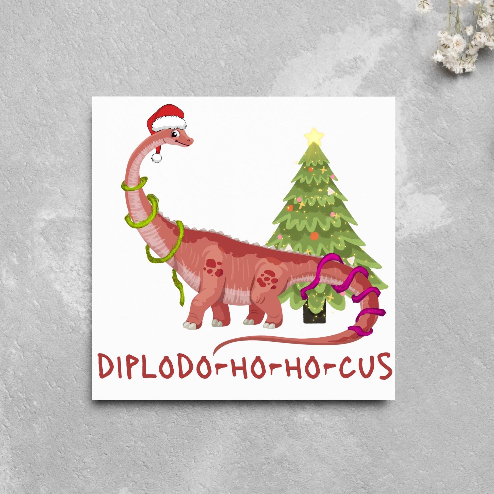 Dinosaur Christmas card, Diplodocus Xmas Card, Diplodocus Dinosaur, Cards for Dinosaur lover, Cards for kids, Funny Childs Christmas Card