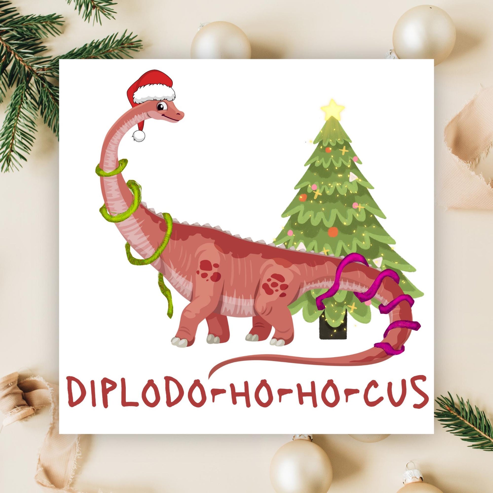 Dinosaur Christmas card, Diplodocus Xmas Card, Diplodocus Dinosaur, Cards for Dinosaur lover, Cards for kids, Funny Childs Christmas Card