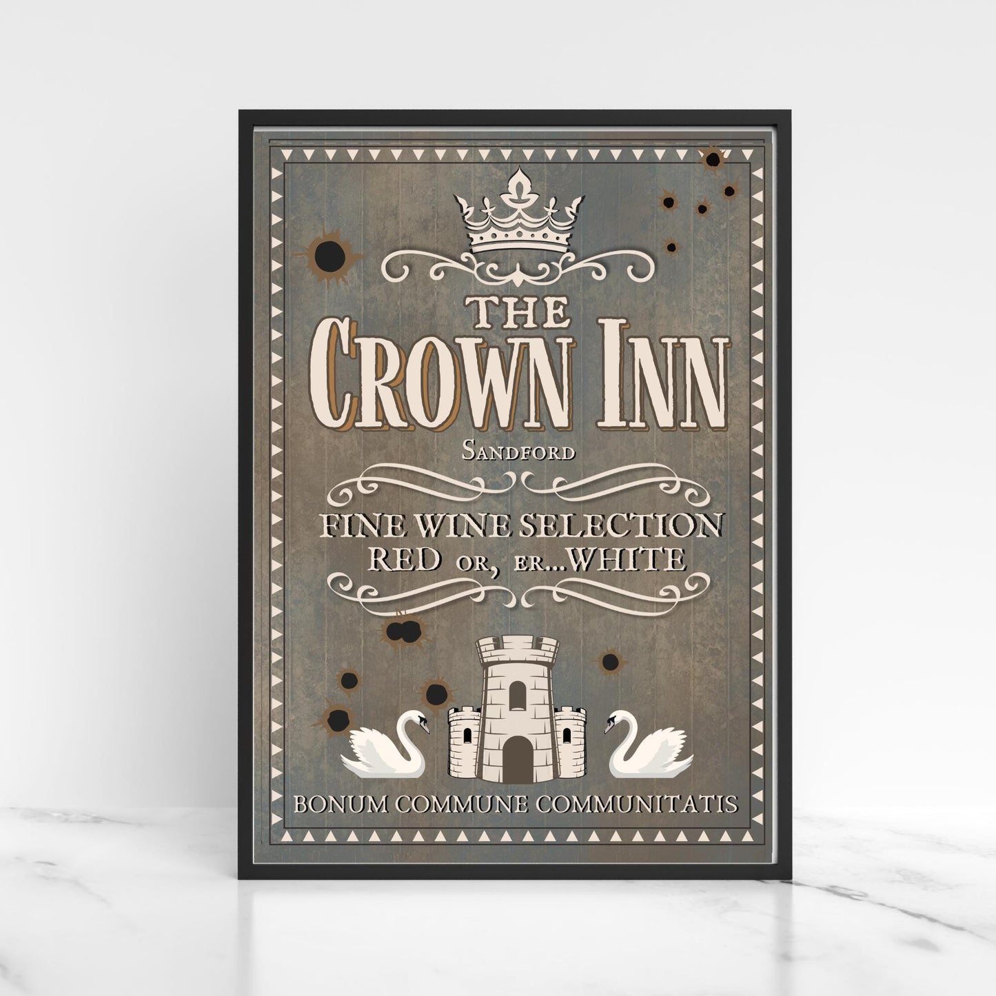 Hot Fuzz Pub Sign A4 Print, High Quality Poster, Edgar Wright Movies, Cornetto Trilogy Poster, Nick Frost, The Crown Inn, The Greater Good