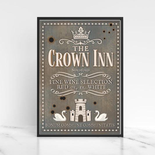 Hot Fuzz Pub Sign A4 Print, High Quality Poster, Edgar Wright Movies, Cornetto Trilogy Poster, Nick Frost, The Crown Inn, The Greater Good