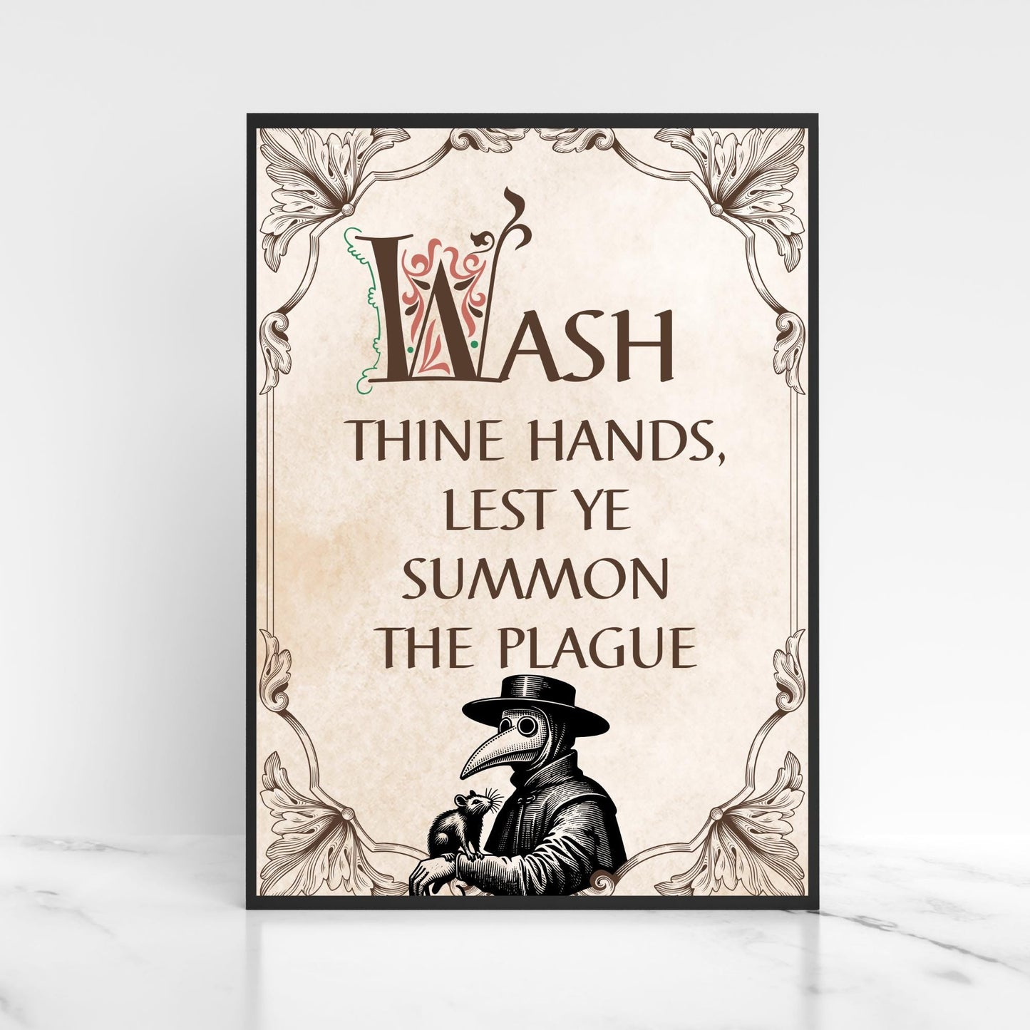 Wash Your Hands Sign, A4 Print, High Quality Poster, Medieval Poster, Plague Mask Art, Funny Print for Bathroom, Gothic Decor, Toilet Print