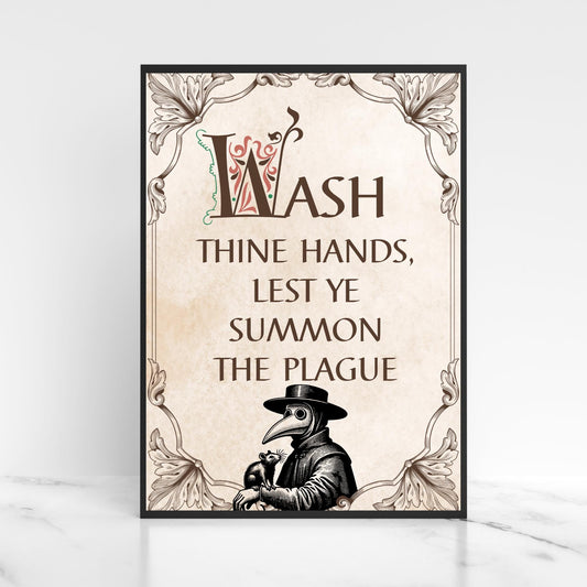 Wash Your Hands Sign, A4 Print, High Quality Poster, Medieval Poster, Plague Mask Art, Funny Print for Bathroom, Gothic Decor, Toilet Print