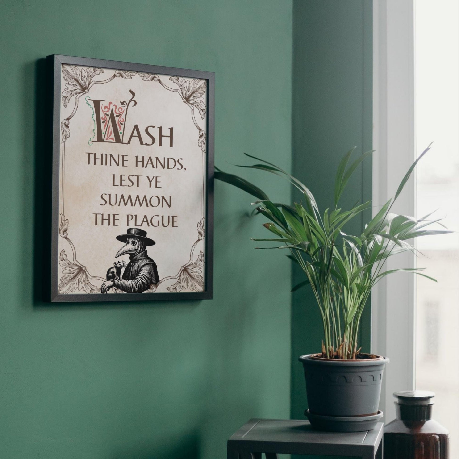 Wash Your Hands Sign, A4 Print, High Quality Poster, Medieval Poster, Plague Mask Art, Funny Print for Bathroom, Gothic Decor, Toilet Print