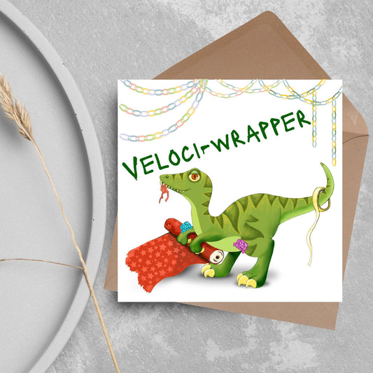 Dinosaur Christmas card, Velociraptor Xmas Card, Cards for Him, Cards for Her, Cards for kids, Funny Childrens Christmas Card, Pun Card