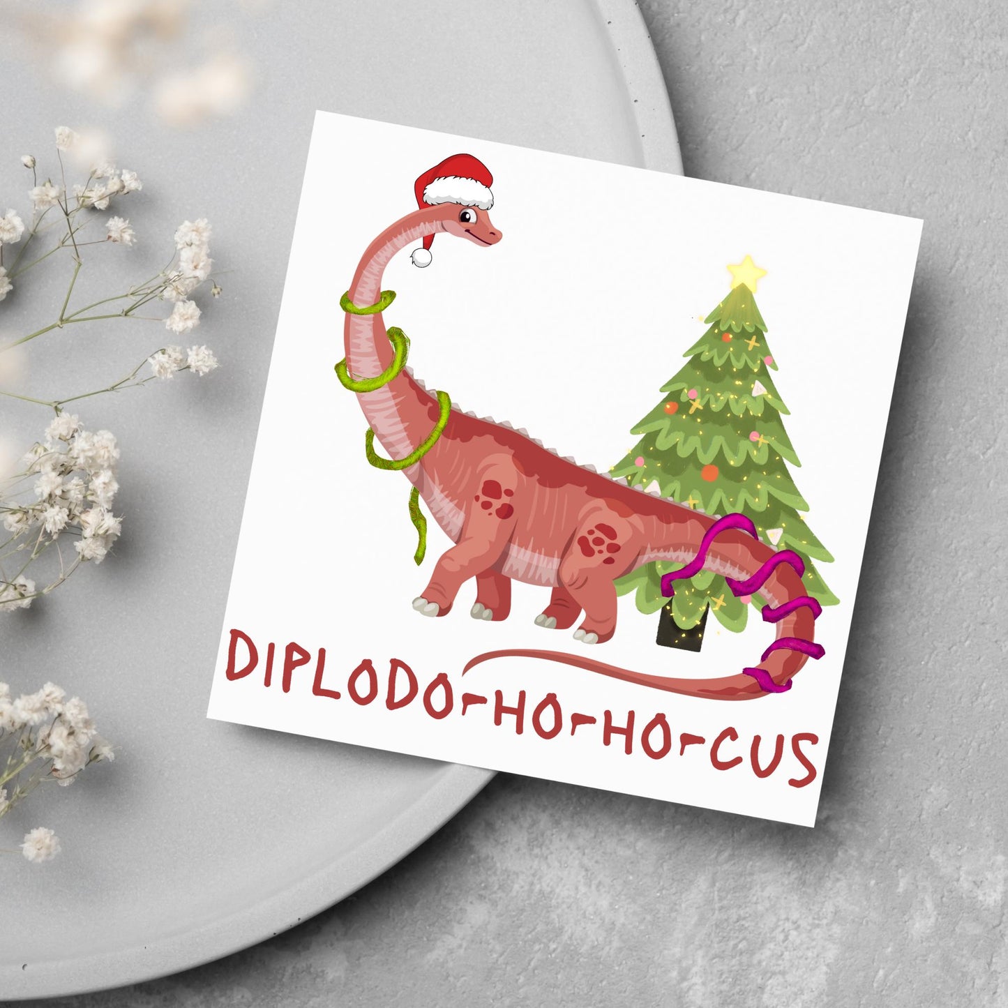 Dinosaur Christmas card, Diplodocus Xmas Card, Diplodocus Dinosaur, Cards for Dinosaur lover, Cards for kids, Funny Childs Christmas Card
