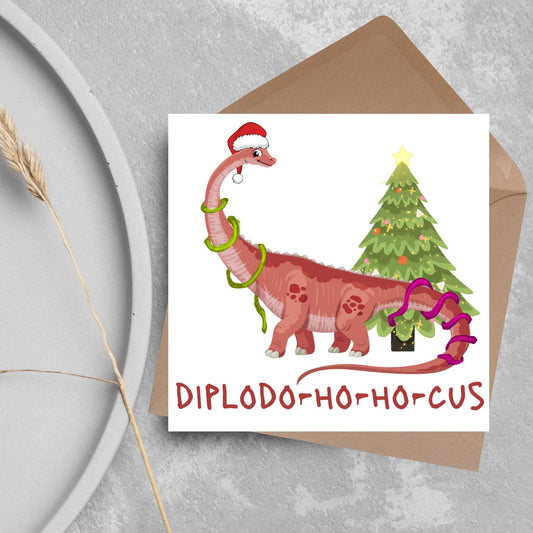 Dinosaur Christmas card, Diplodocus Xmas Card, Diplodocus Dinosaur, Cards for Dinosaur lover, Cards for kids, Funny Childs Christmas Card